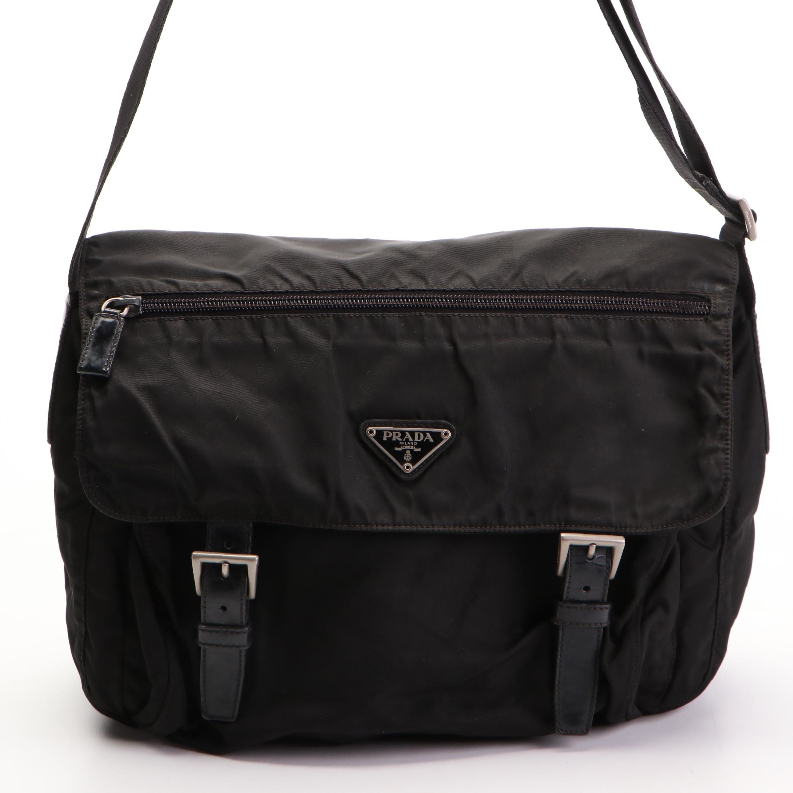 Prada Flap Front Messenger Bag in Black Tessuto Nylon