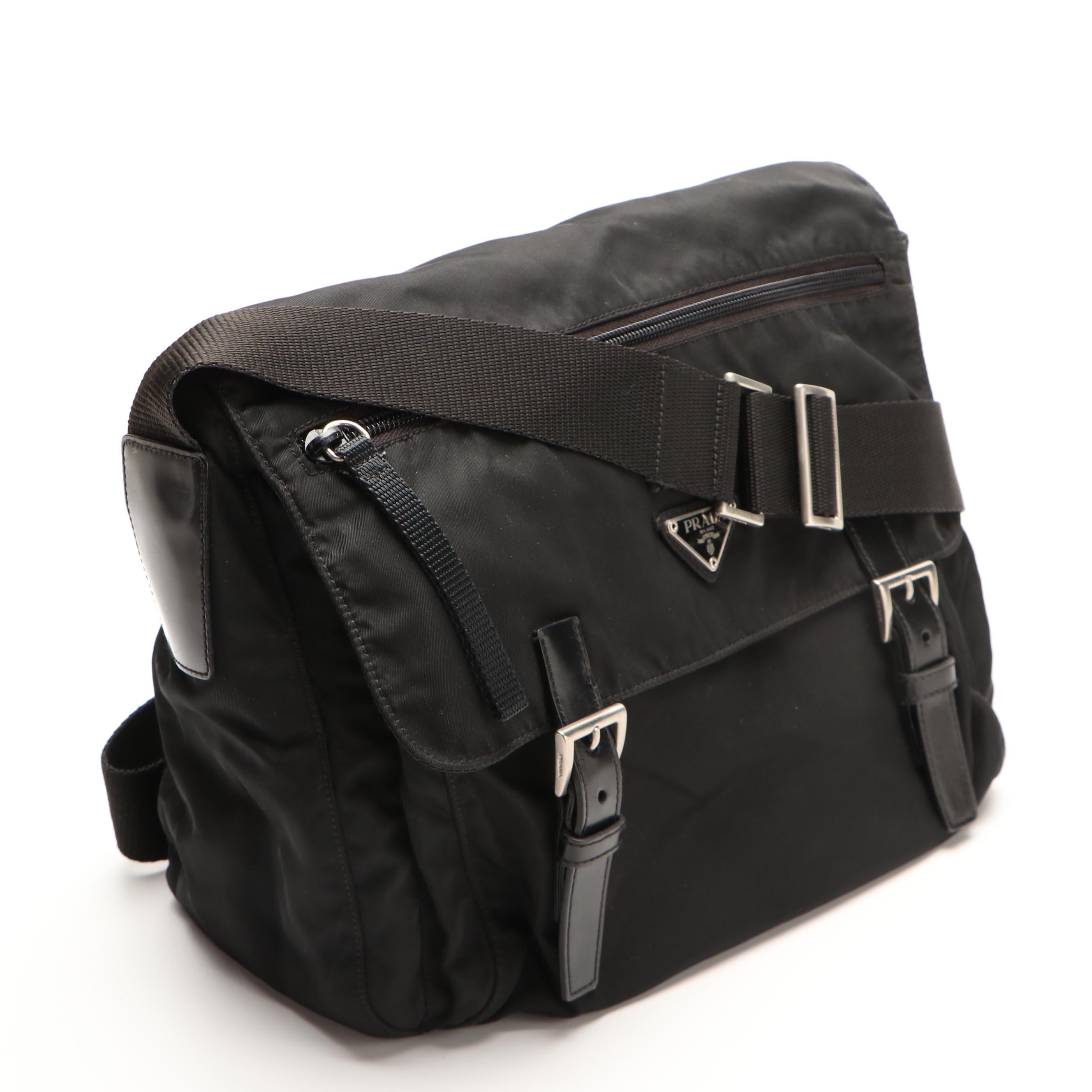 Prada Small Messenger Flap Bag in Black Tessuto Nylon with Glace Leather Trim