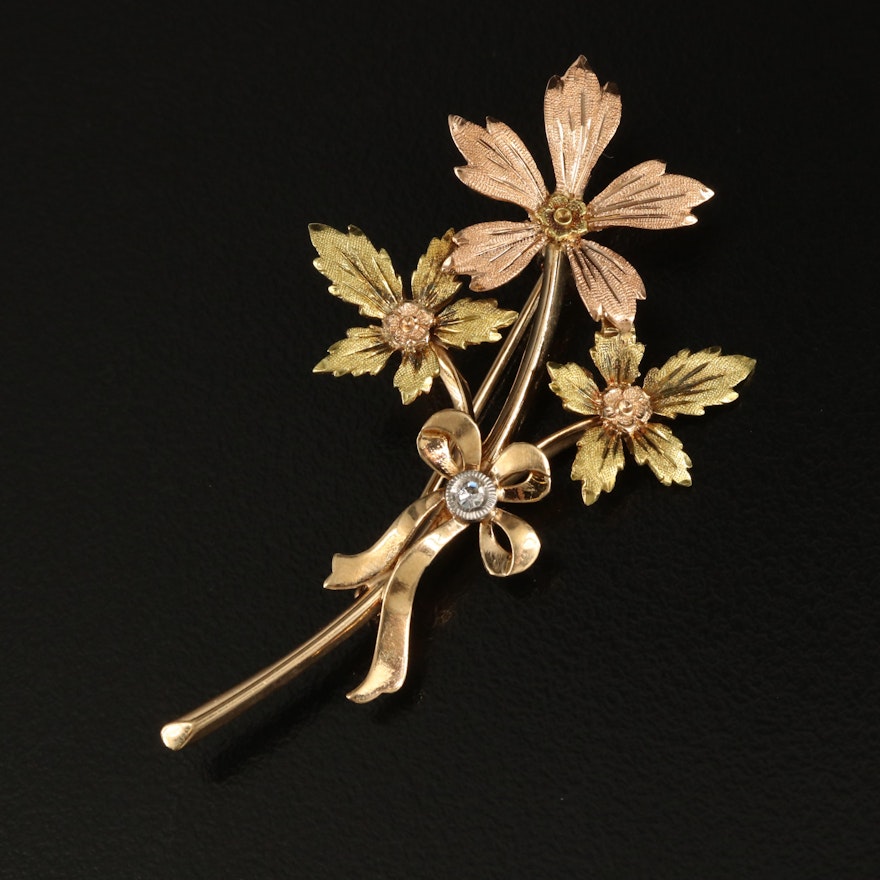 1940s 14K 0.03 CT Diamond Flower Brooch with Palladium Accent
