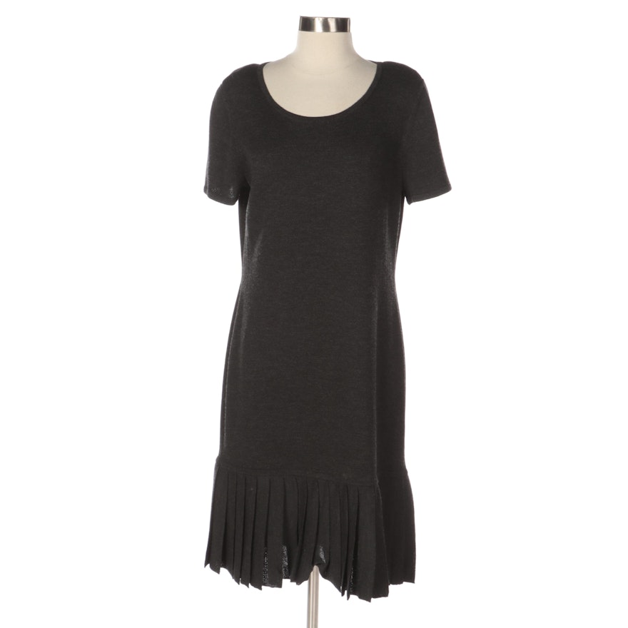 St. John Sport Knit Dress in Charcoal Gray with Rounded Neck and Pleated Hemline