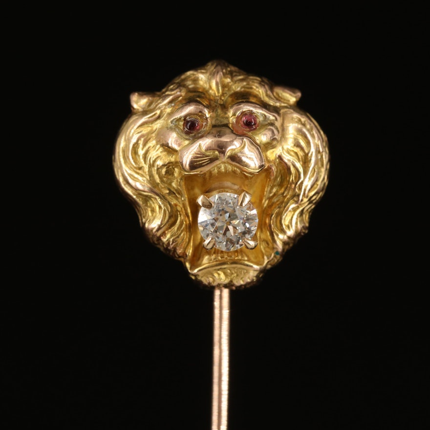 Antique 14K and 10K 0.17 CT Diamond and Glass Lion Stick Pin
