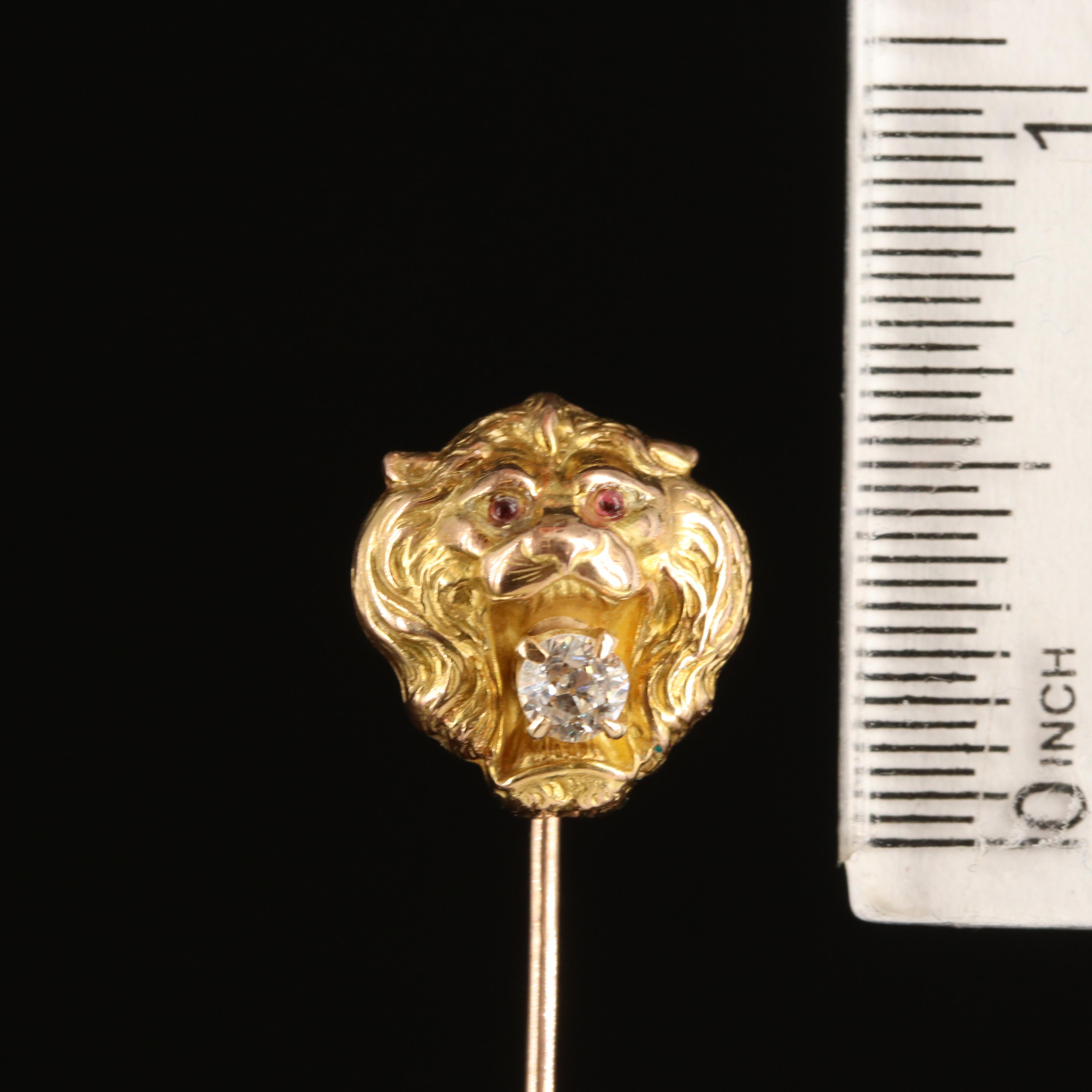 Antique 14K and 10K 0.17 CT Diamond and Glass Lion Stick Pin