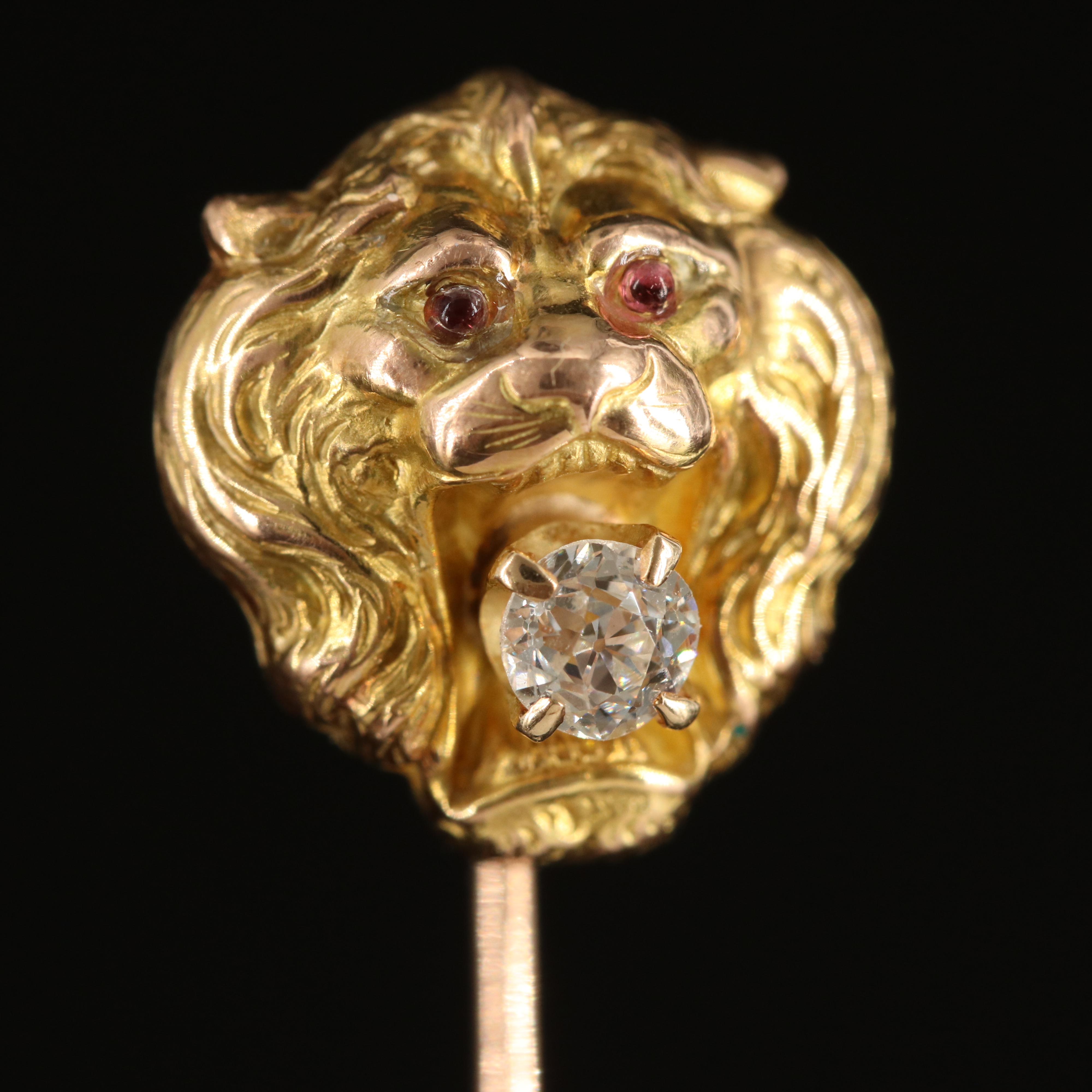 Antique 14K and 10K 0.17 CT Diamond and Glass Lion Stick Pin