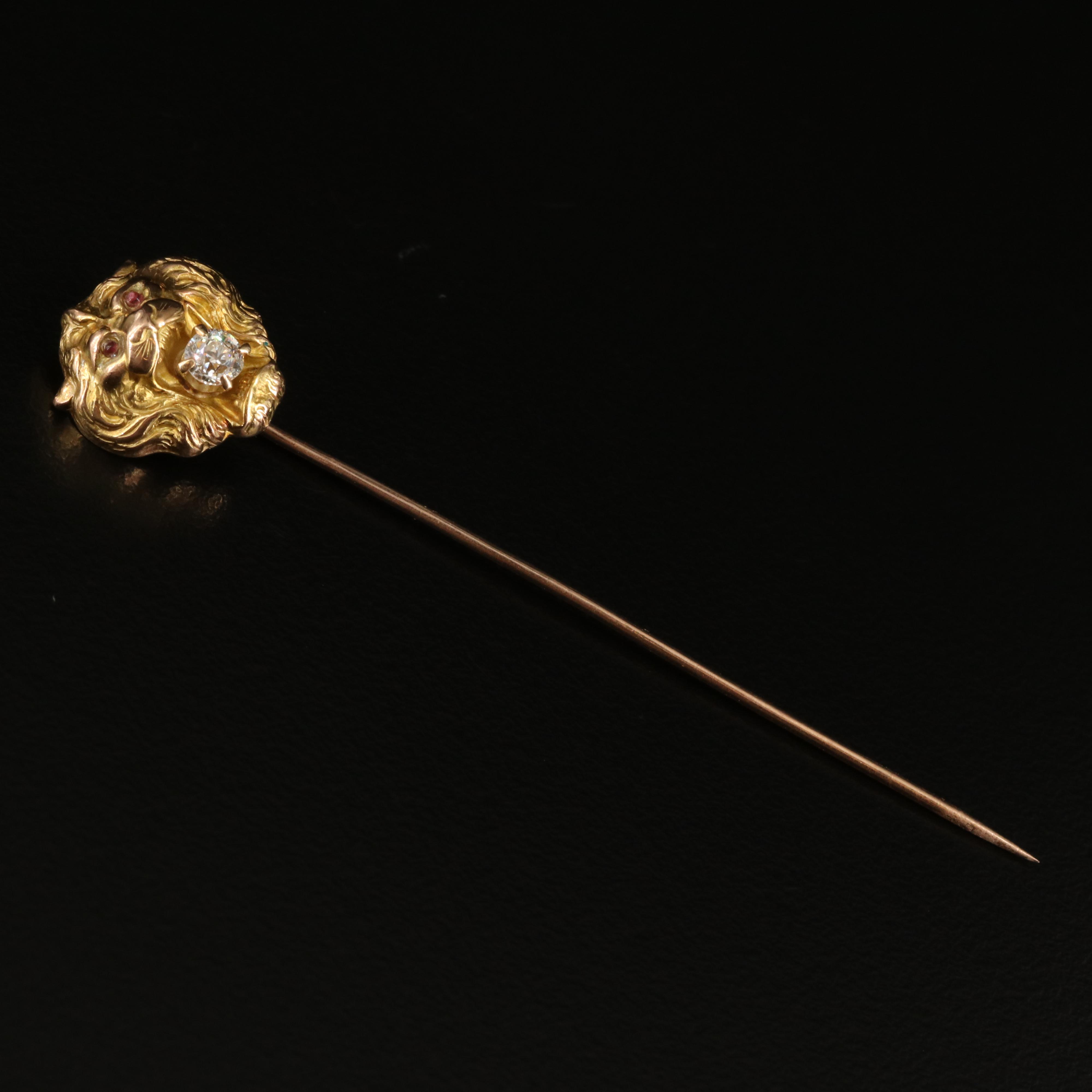 Antique 14K and 10K 0.17 CT Diamond and Glass Lion Stick Pin