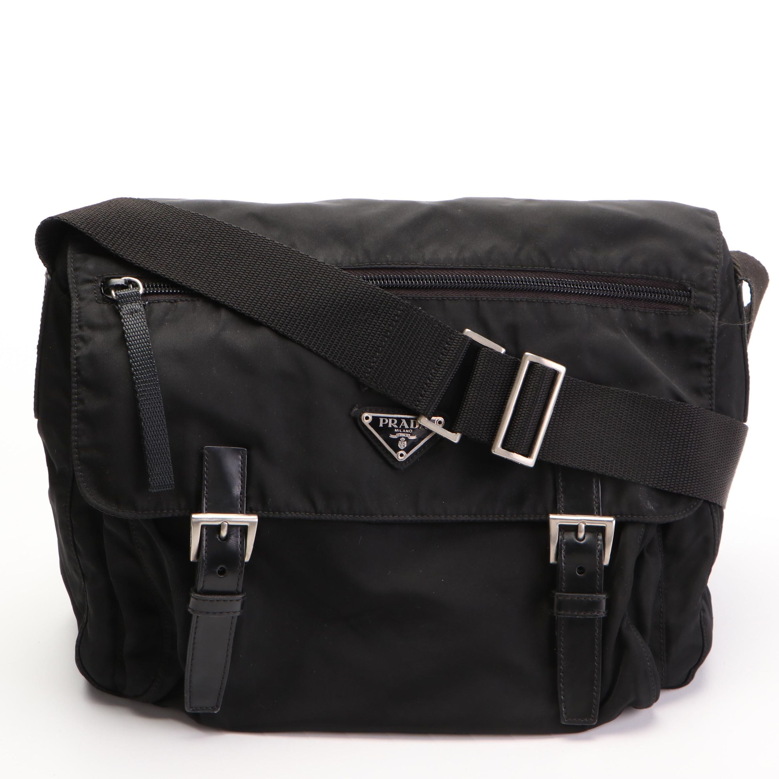 Prada Small Messenger Flap Bag in Black Tessuto Nylon with Glace Leather Trim