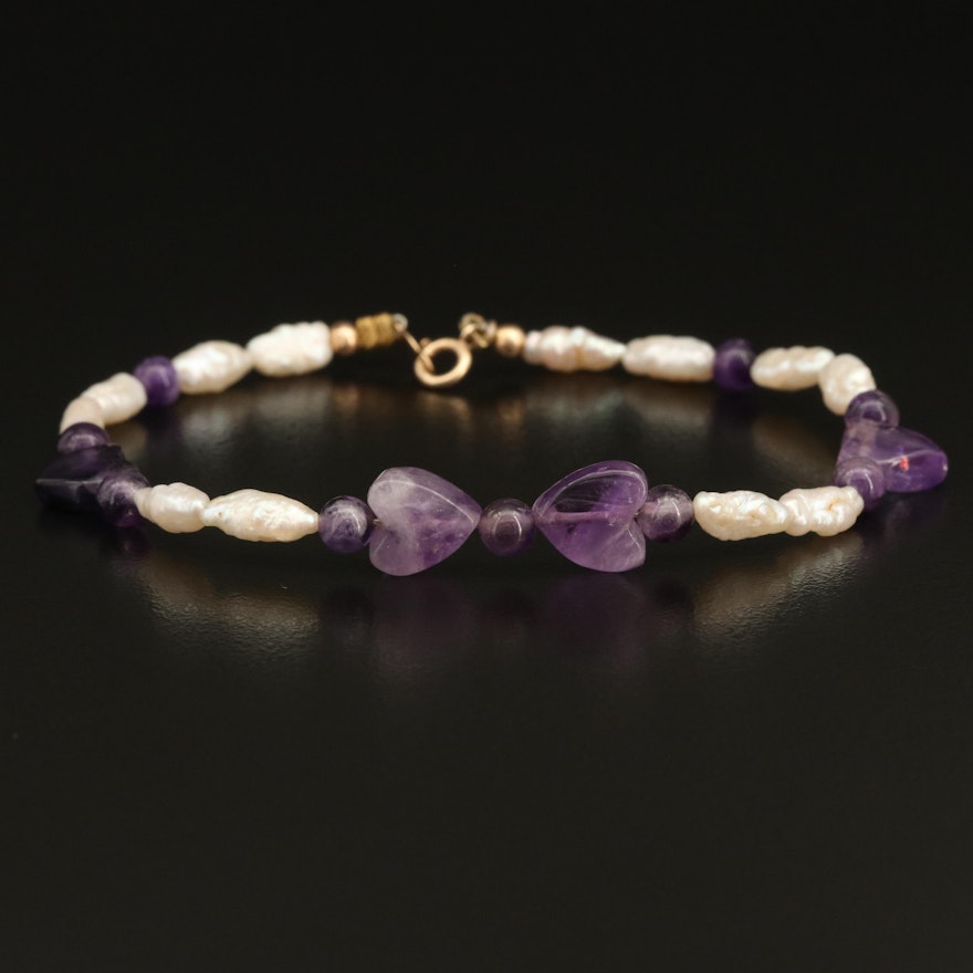 14K Gold Pearl and Amethyst Heart Bracelet