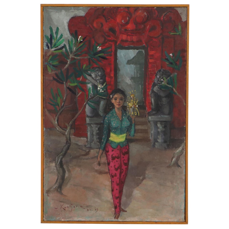 Kuntjana Balinese Oil Painting of Woman With Offering, 1963