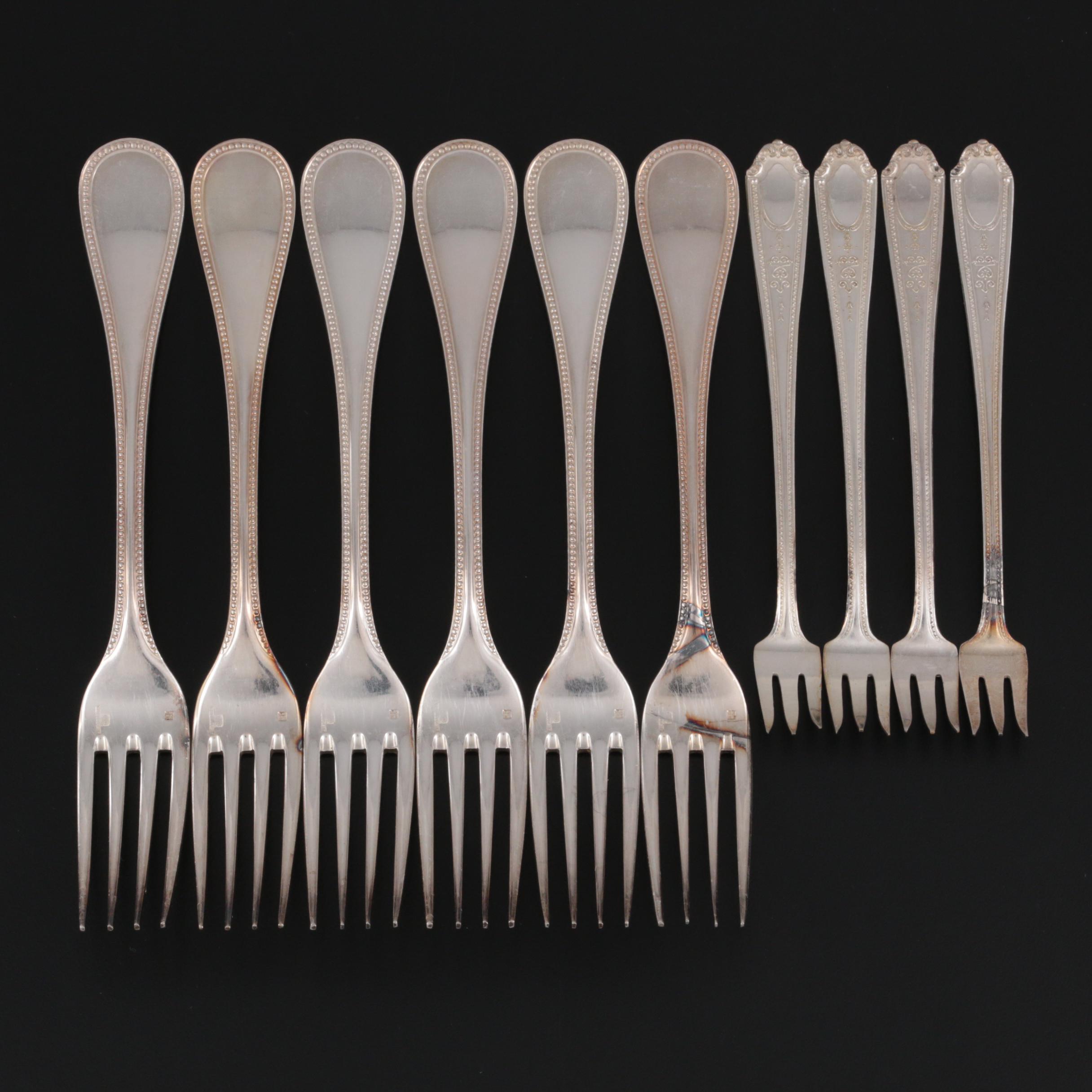 Christofle "Perles" and Standard Silver Plate Dinner and Cocktail Forks