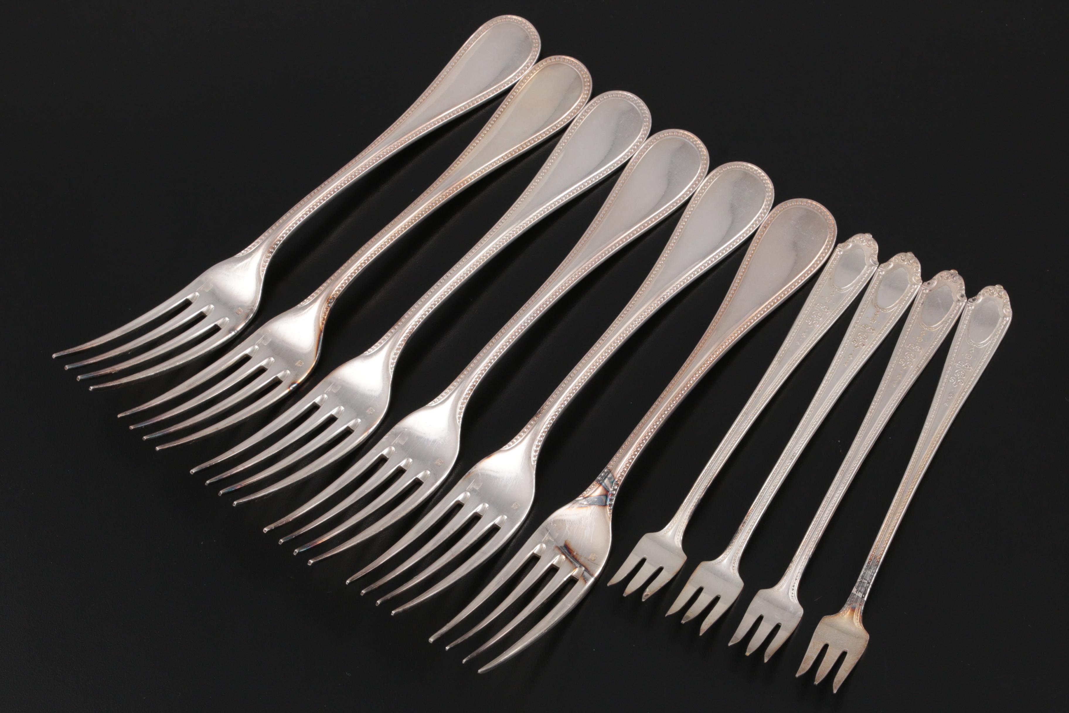 Christofle "Perles" and Standard Silver Plate Dinner and Cocktail Forks