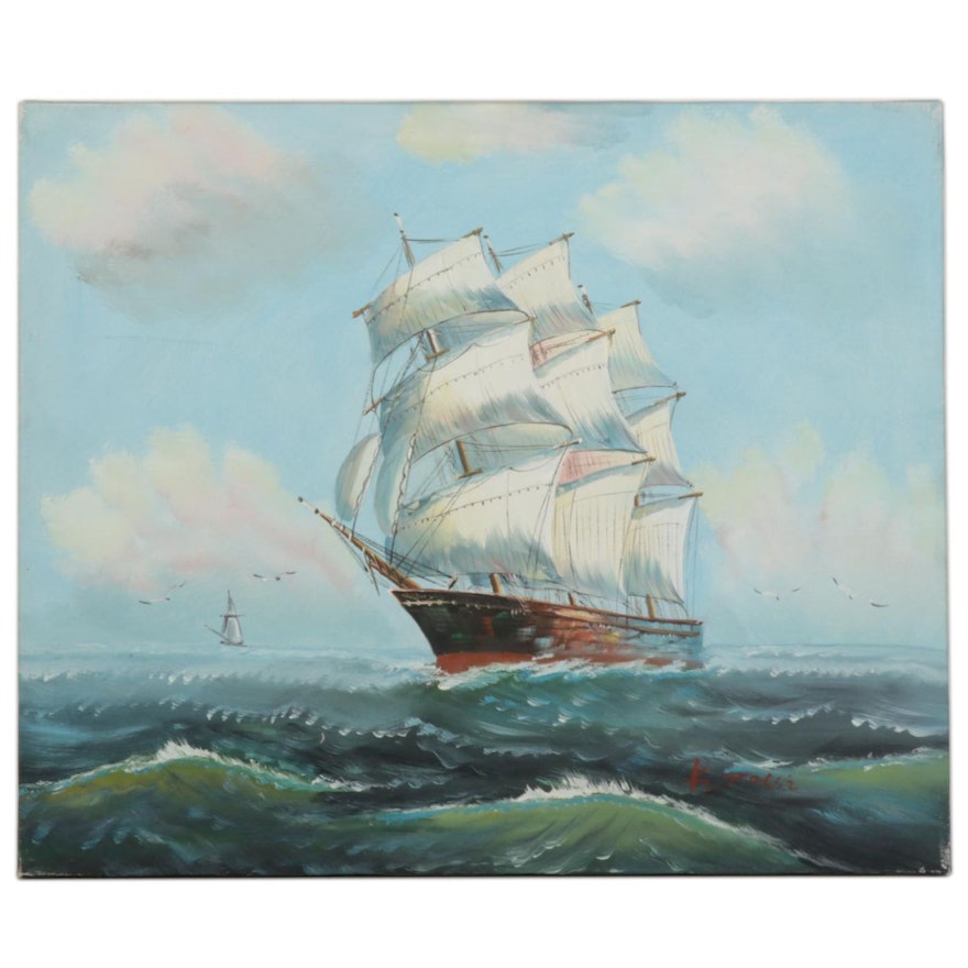 K. Dossi Maritime Oil Painting of Tall Ship at Sea, Circa 2000