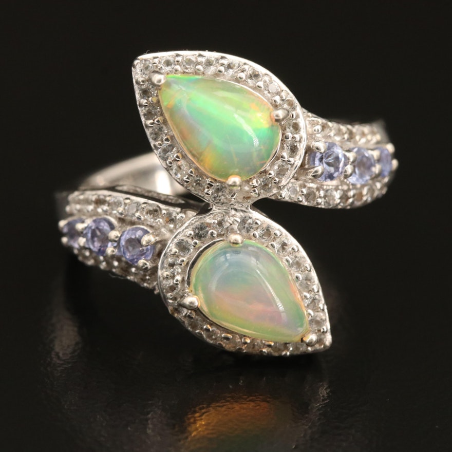 Sterling Opal, Tanzanite and Topaz Bypass Ring