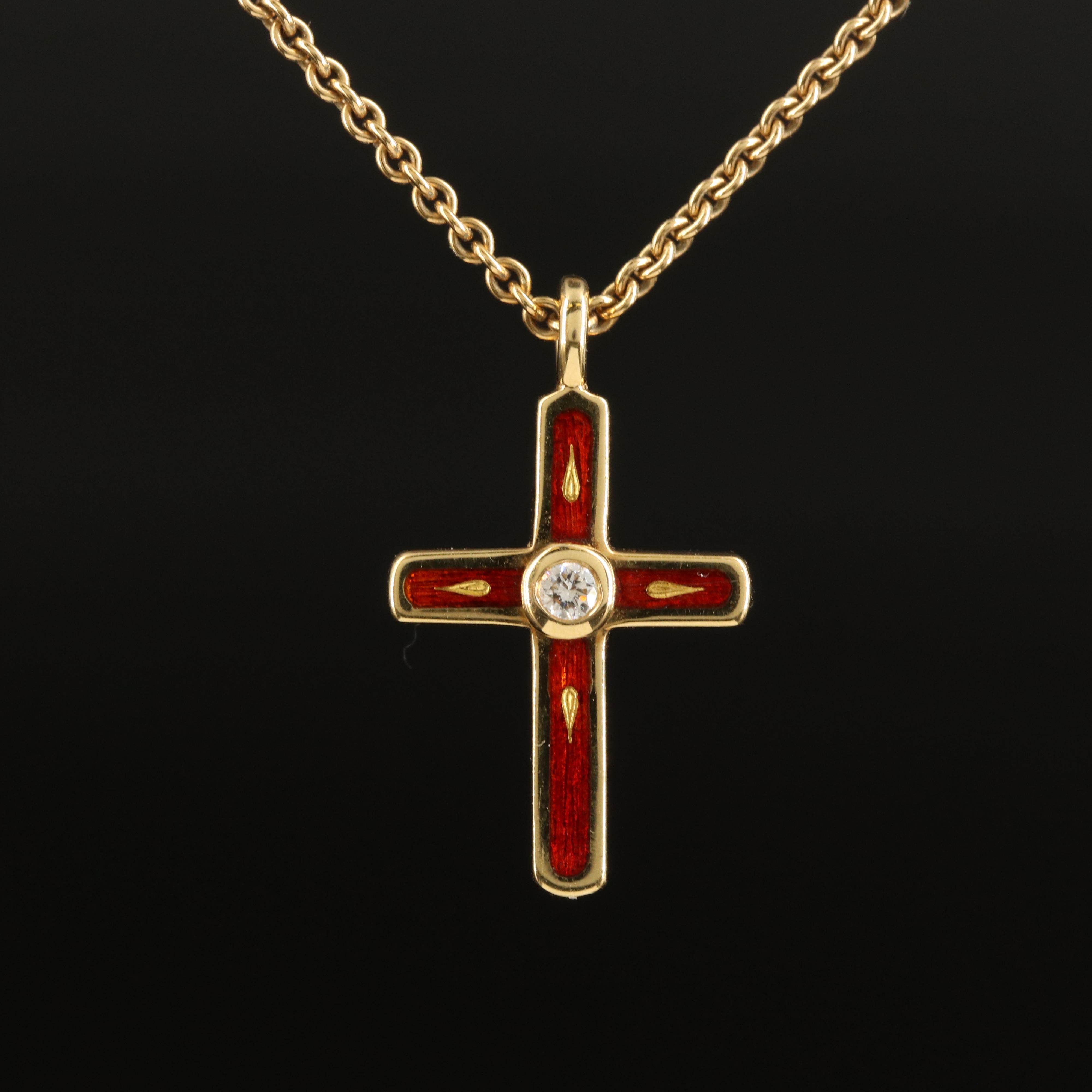 Fabergé Ltd. 18K Gold 0.04 CT Diamond Guilloché Enamel Cross Pendant Necklace
