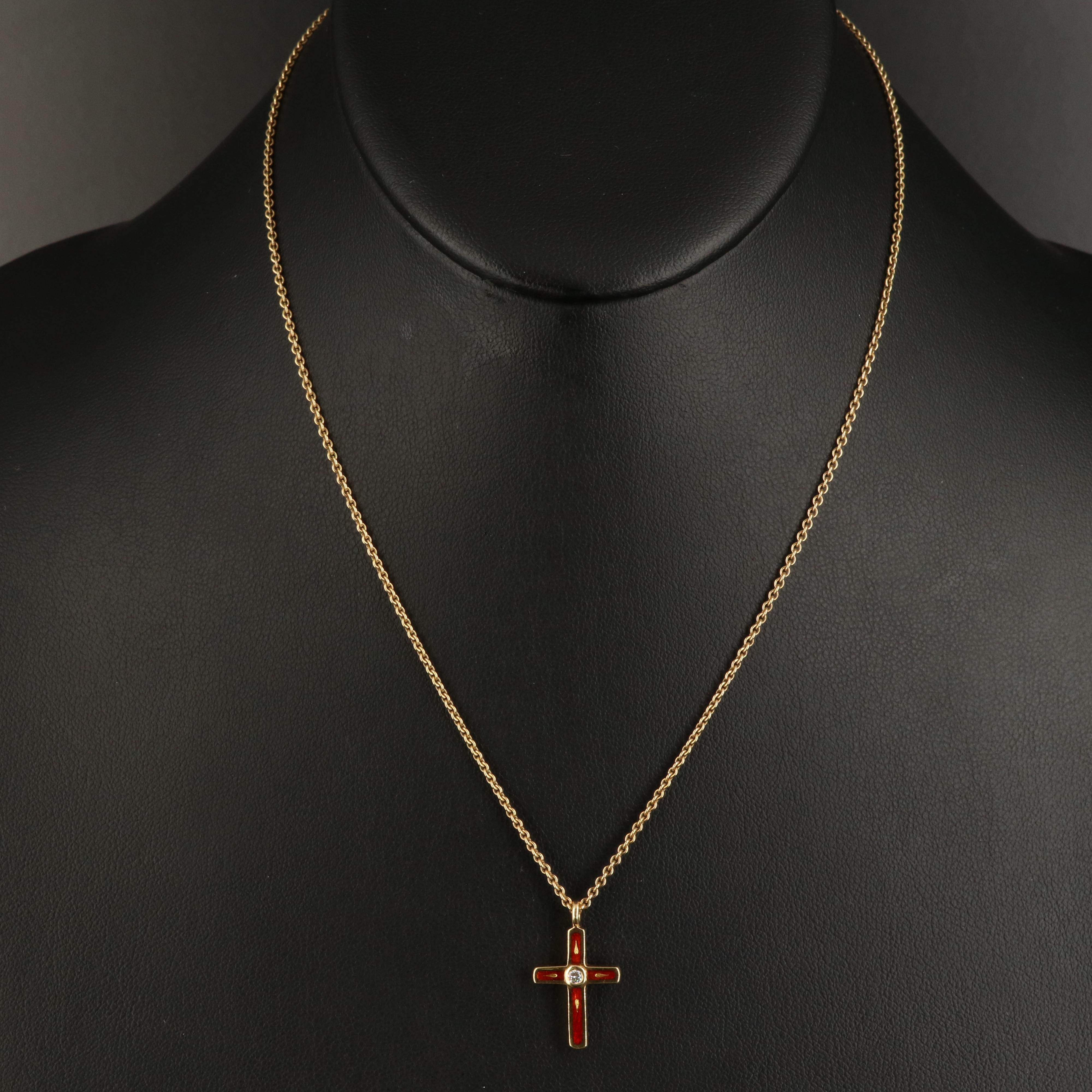 Fabergé Ltd. 18K Gold 0.04 CT Diamond Guilloché Enamel Cross Pendant Necklace