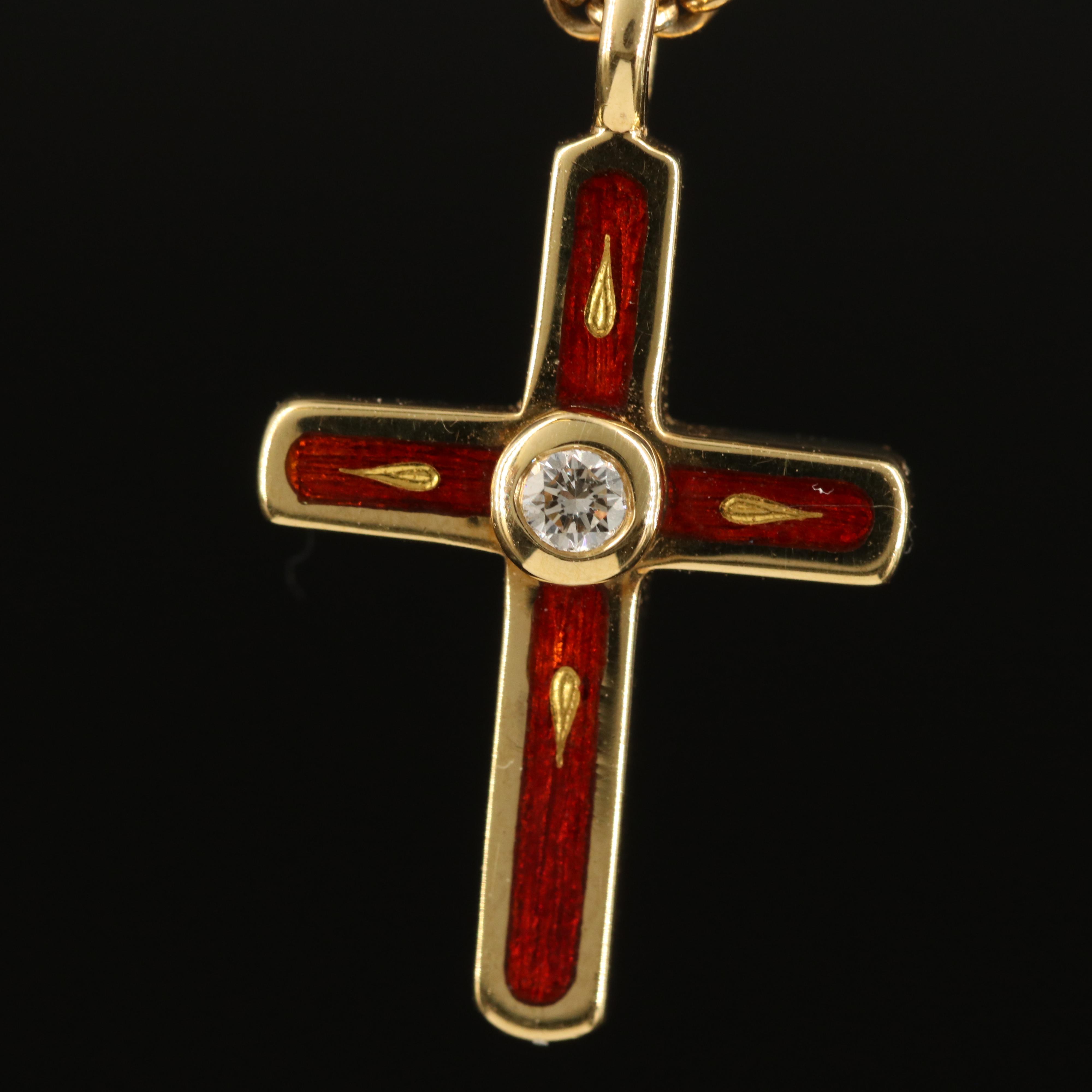 Fabergé Ltd. 18K Gold 0.04 CT Diamond Guilloché Enamel Cross Pendant Necklace