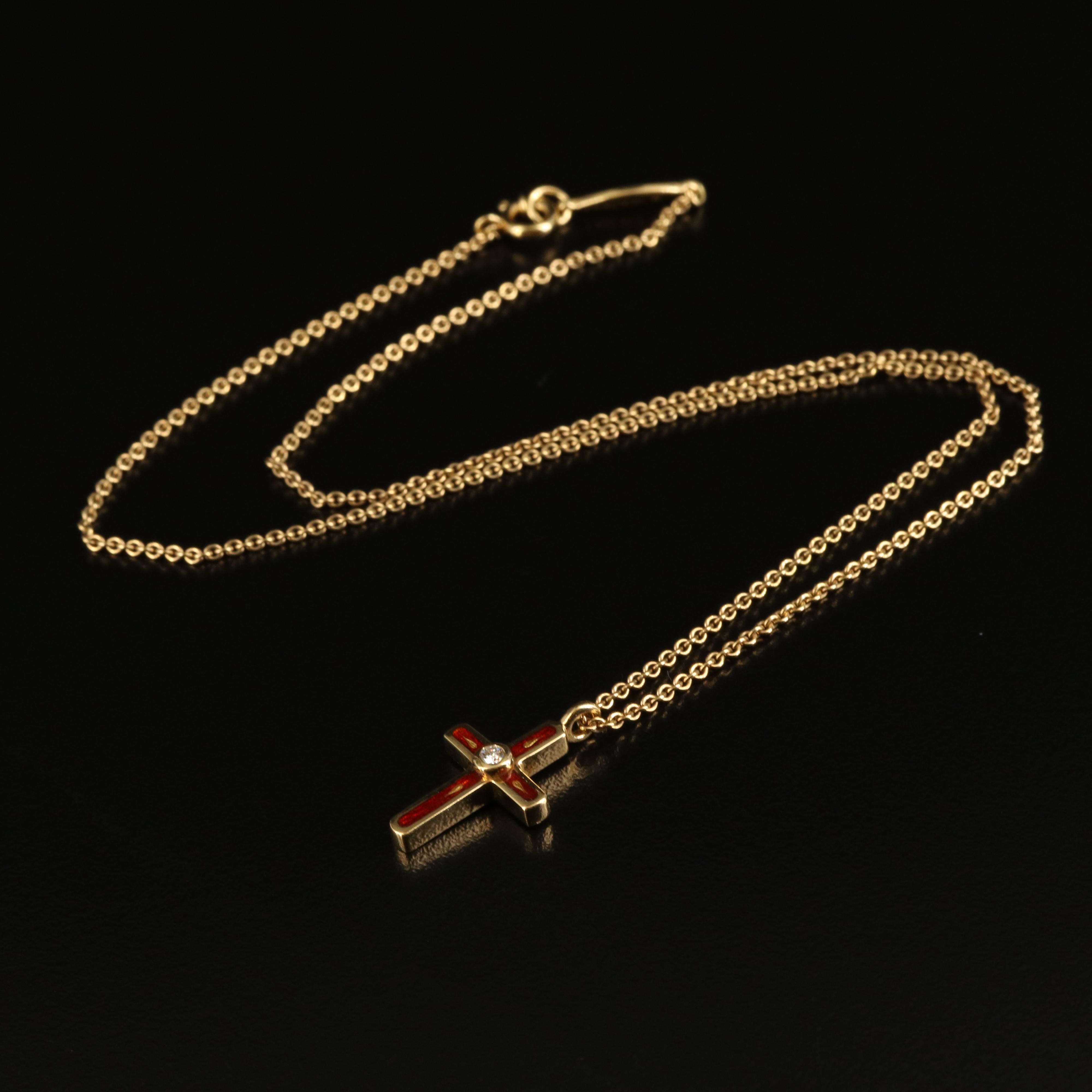 Fabergé Ltd. 18K Gold 0.04 CT Diamond Guilloché Enamel Cross Pendant Necklace