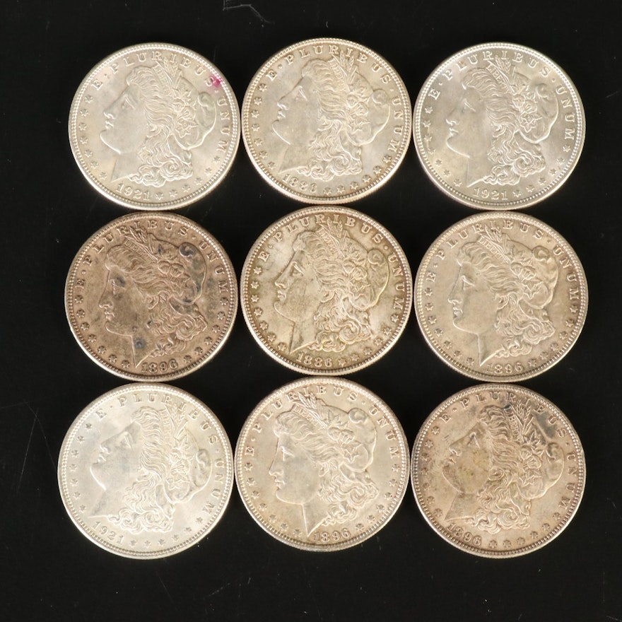 Nine Morgan Silver Dollars, 1886 - 1921