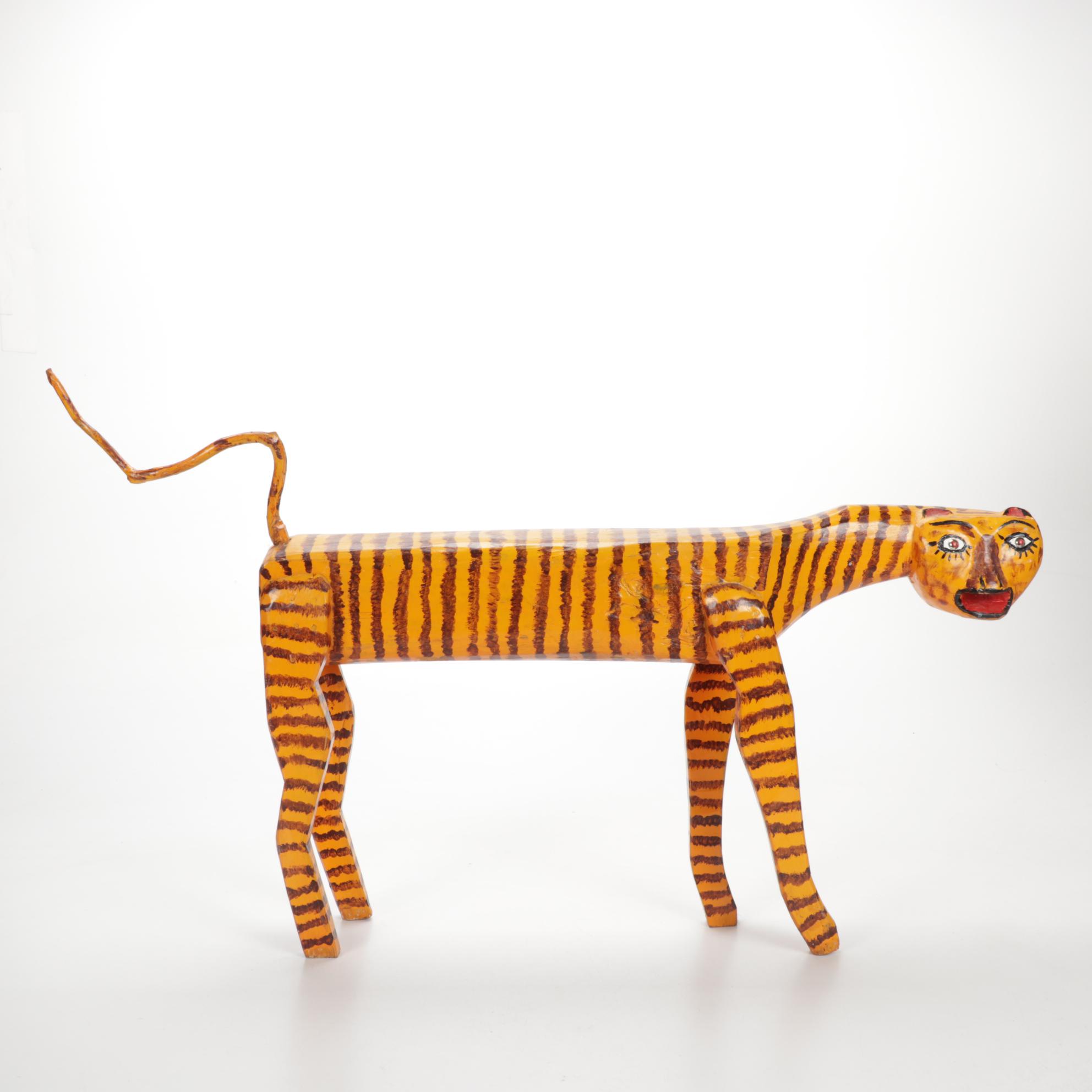Hand-Carved and Painted Folk Art Tiger Sculpture