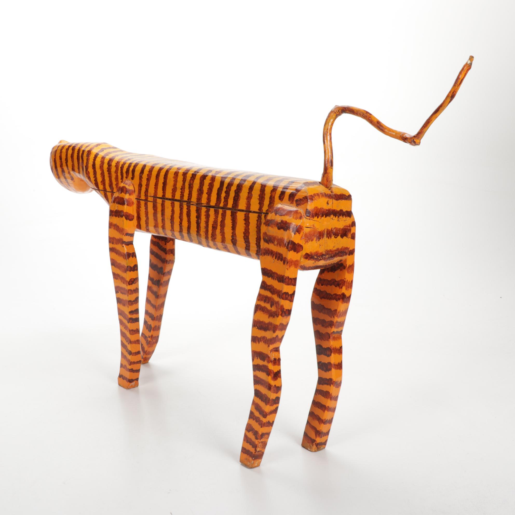 Hand-Carved and Painted Folk Art Tiger Sculpture