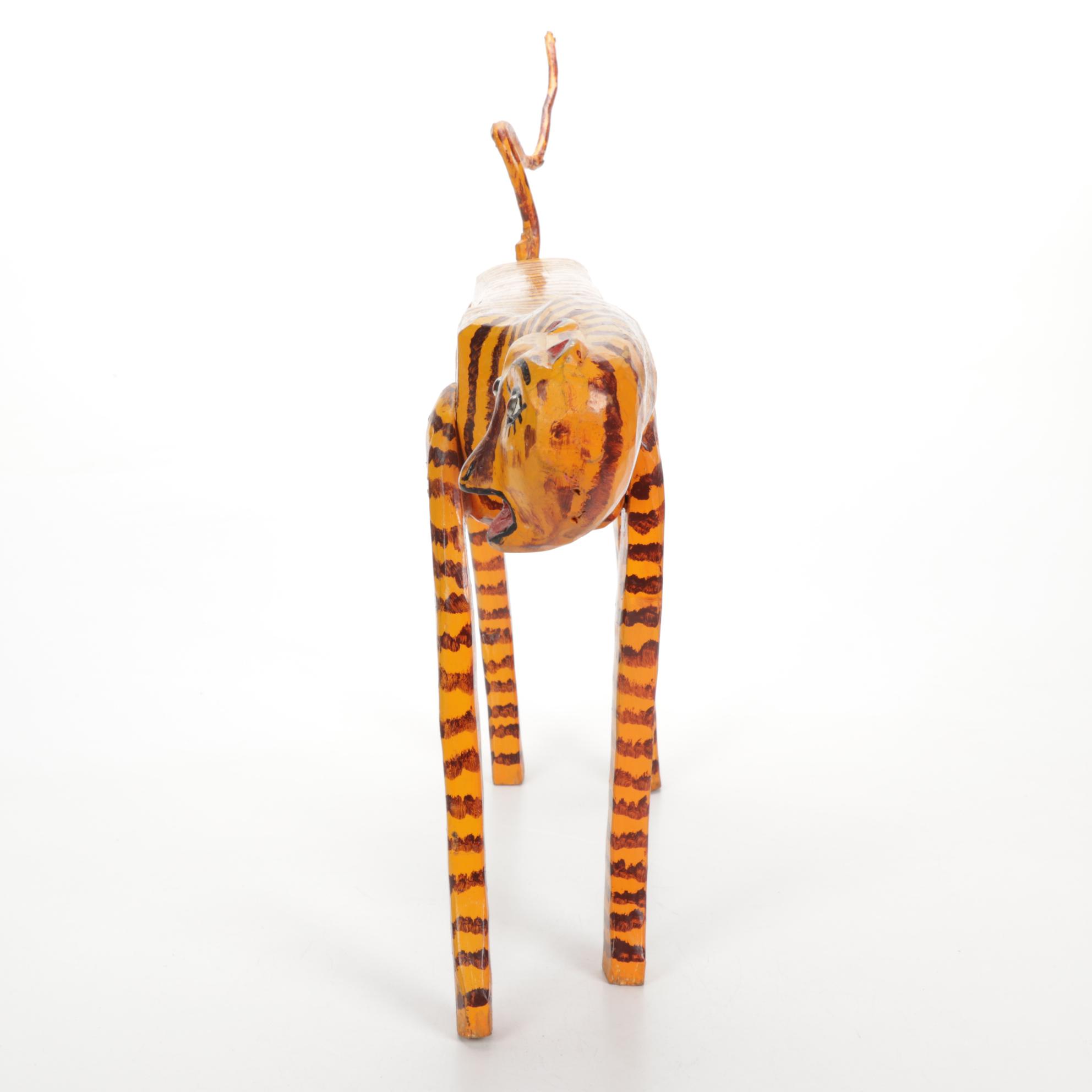 Hand-Carved and Painted Folk Art Tiger Sculpture