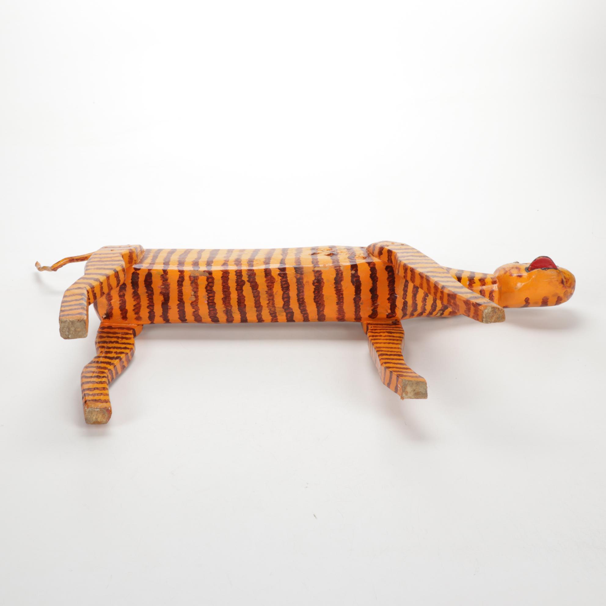 Hand-Carved and Painted Folk Art Tiger Sculpture
