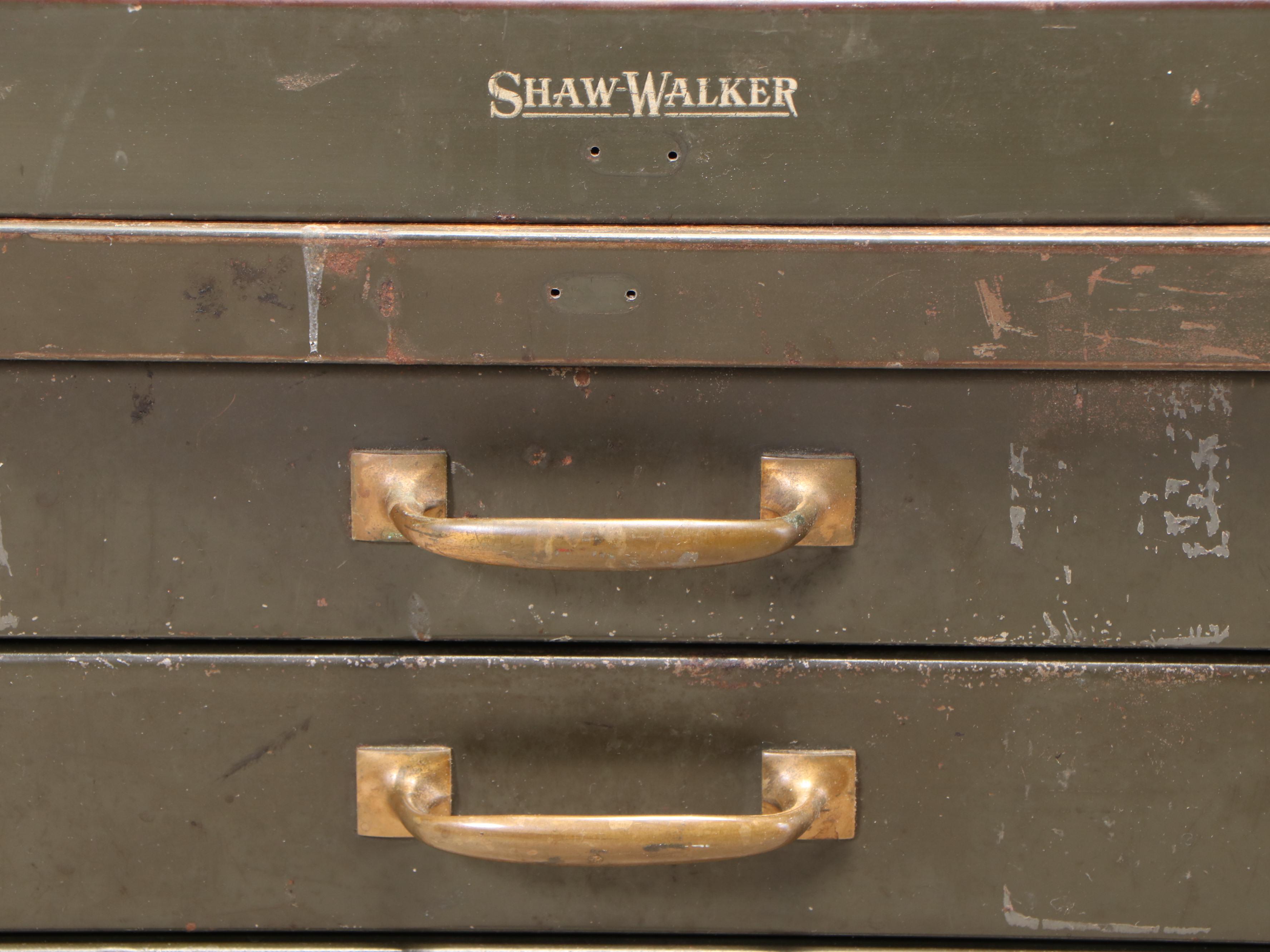 Shaw-Walker Green-Painted Steel and Brass-Mounted Stacking File Cabinet
