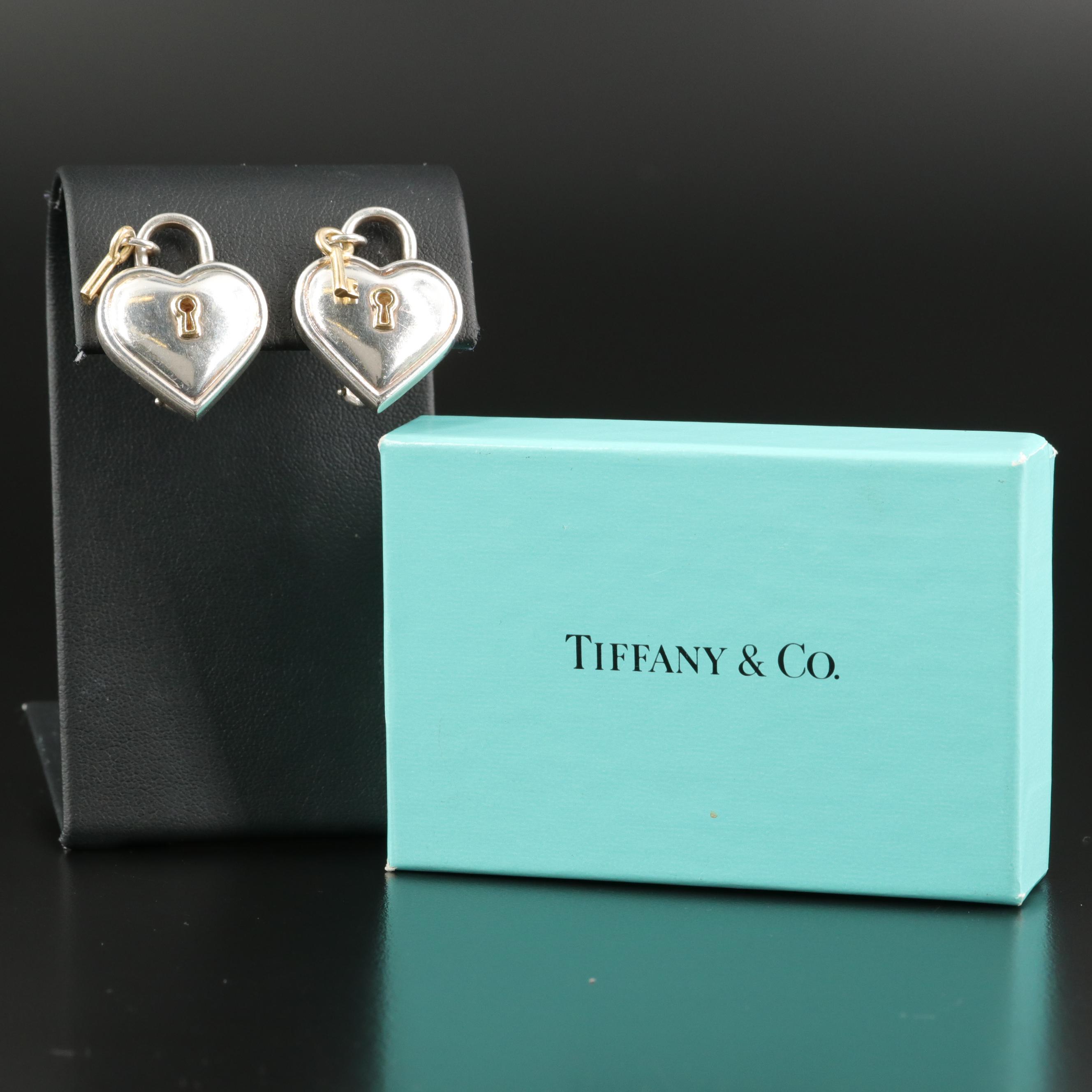 Tiffany & Co. Sterling Heart Padlock Earrings with 18K Key and Accents