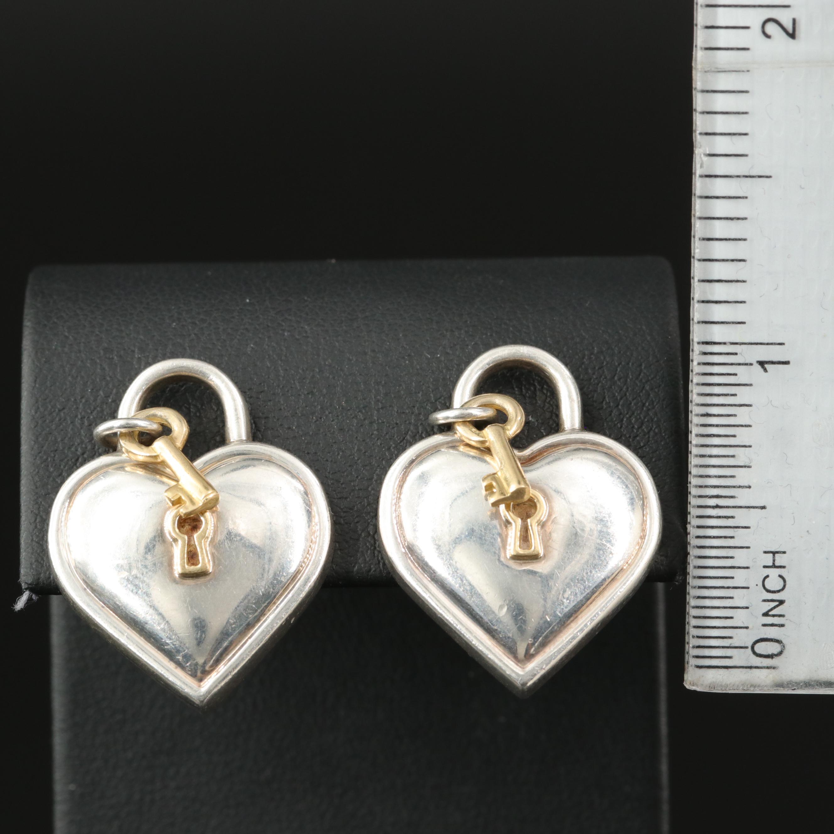 Tiffany & Co. Sterling Heart Padlock Earrings with 18K Key and Accents