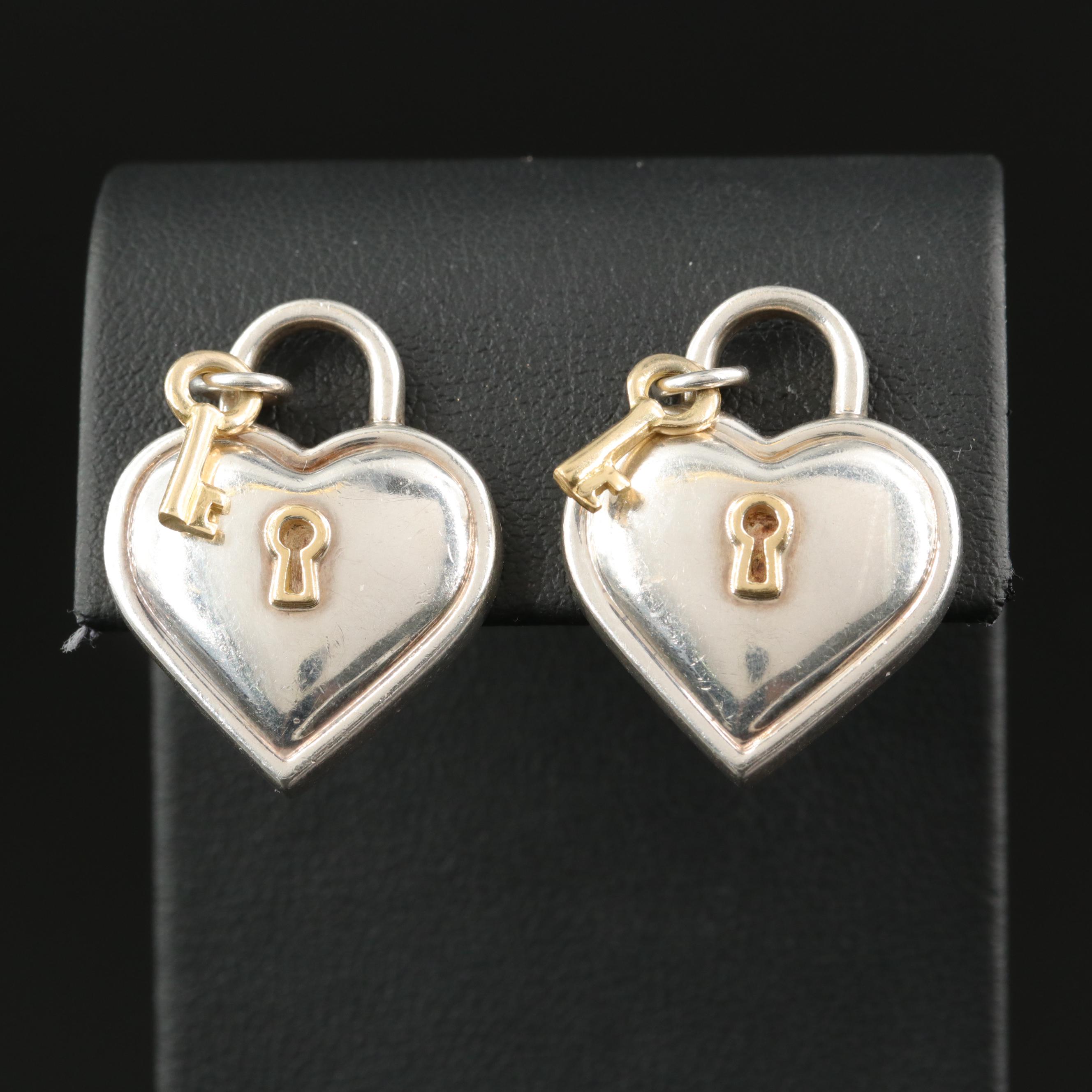 Tiffany & Co. Sterling Heart Padlock Earrings with 18K Key and Accents