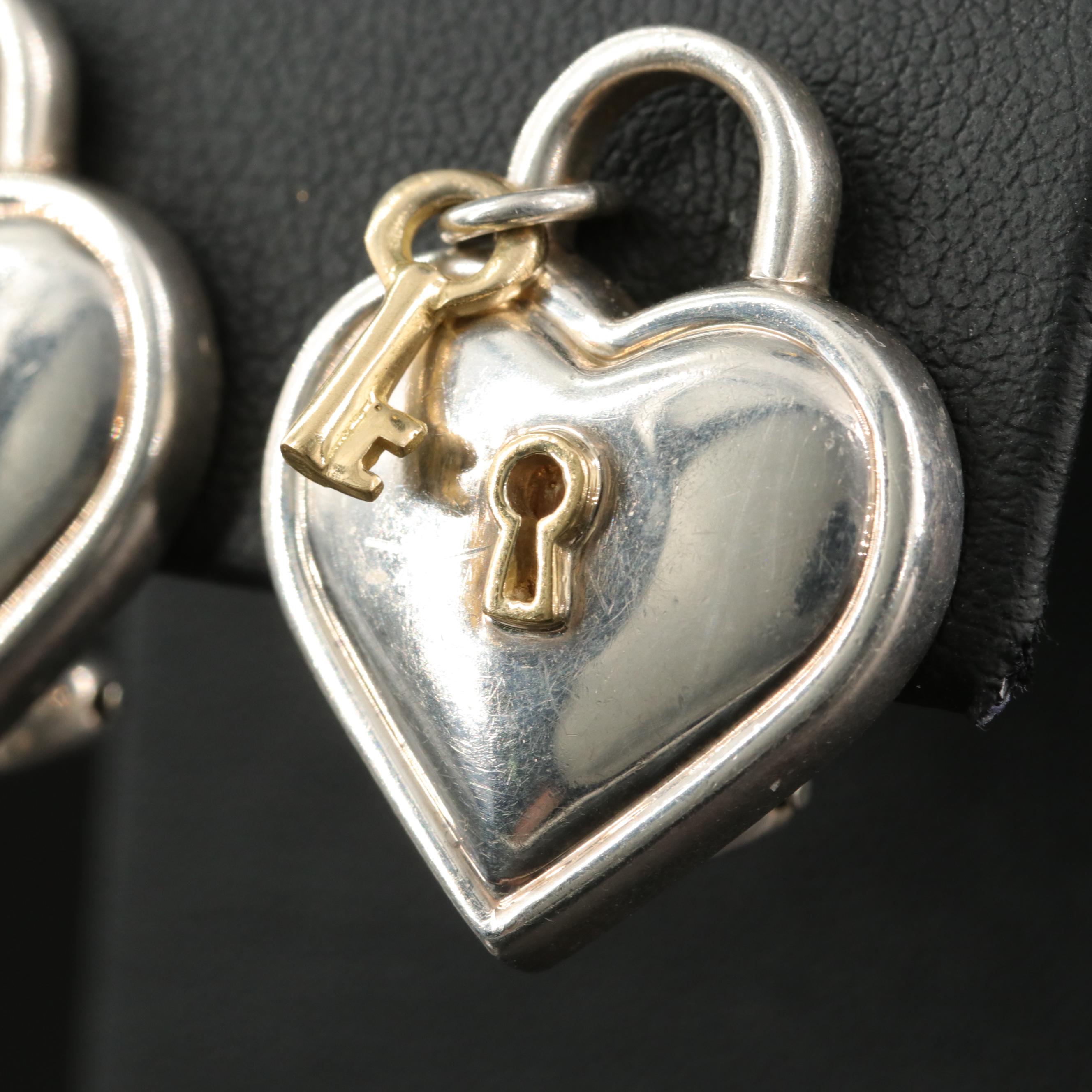 Tiffany & Co. Sterling Heart Padlock Earrings with 18K Key and Accents