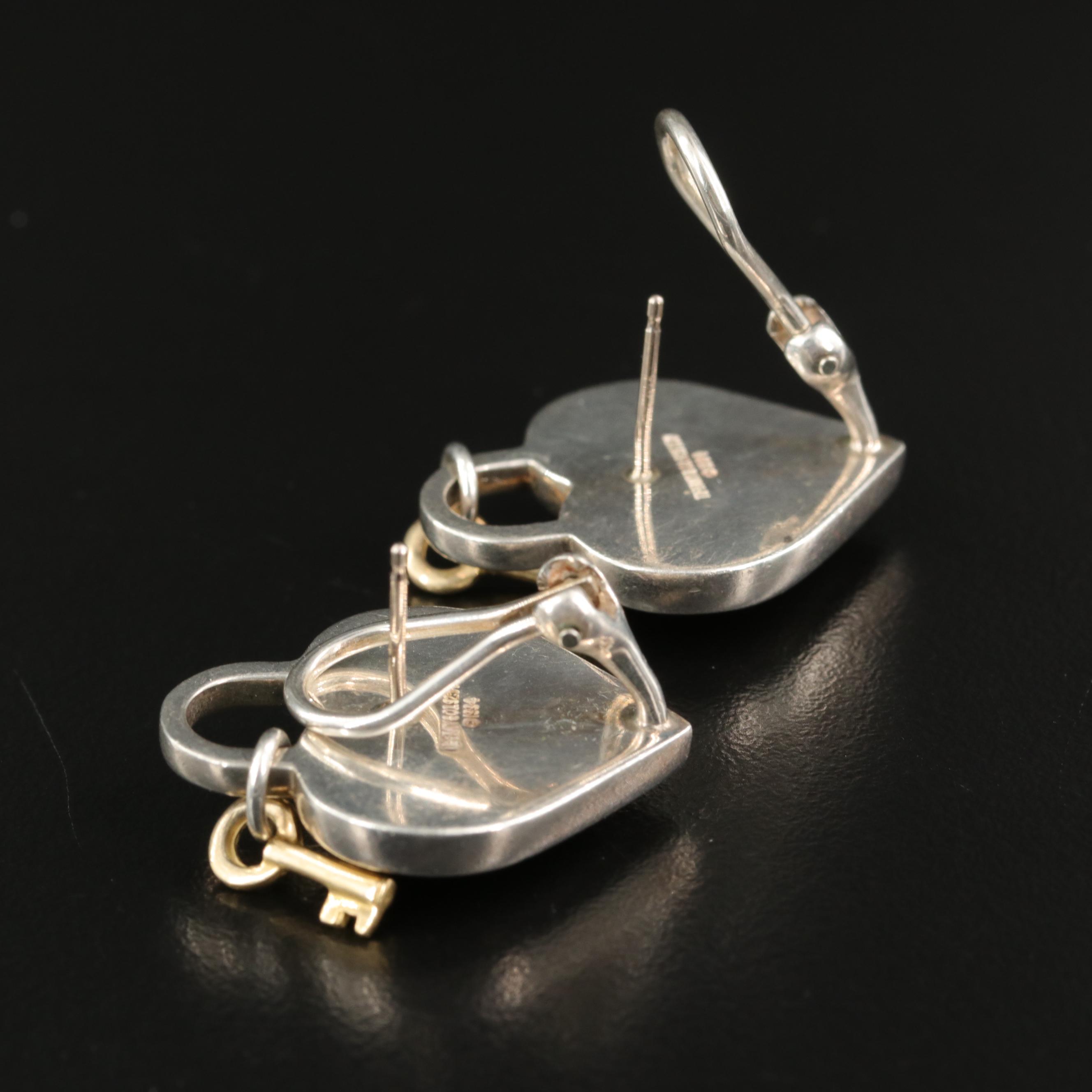 Tiffany & Co. Sterling Heart Padlock Earrings with 18K Key and Accents