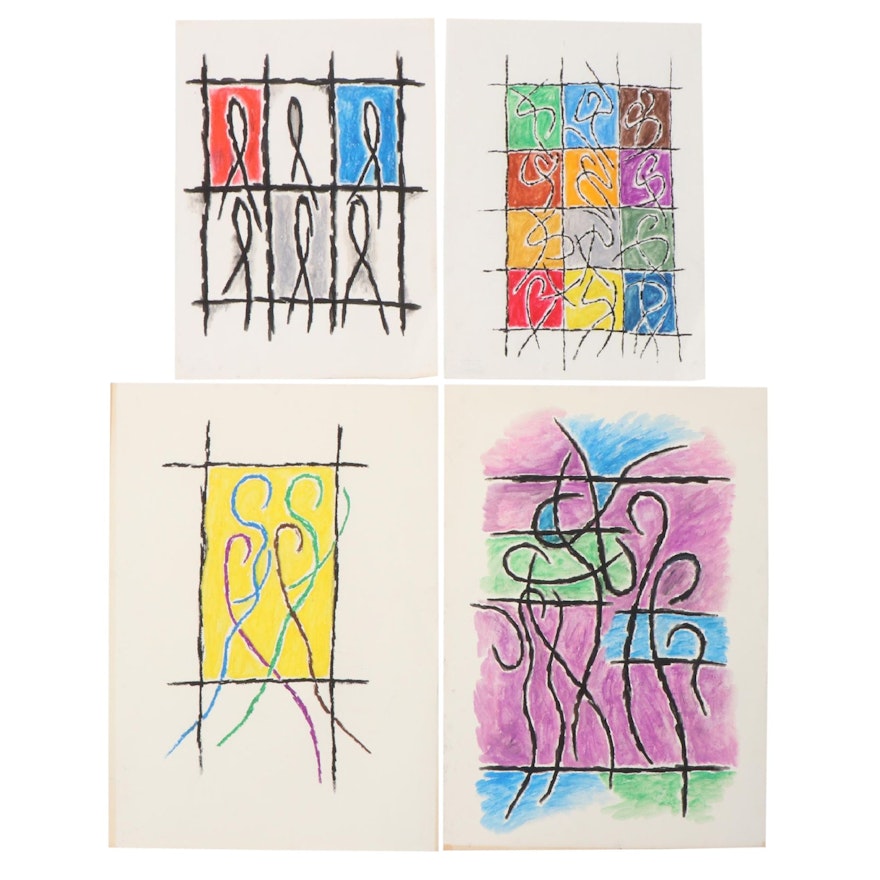 Achi Sullo Abstract Figural Oil Stick Drawings, Circa 1963