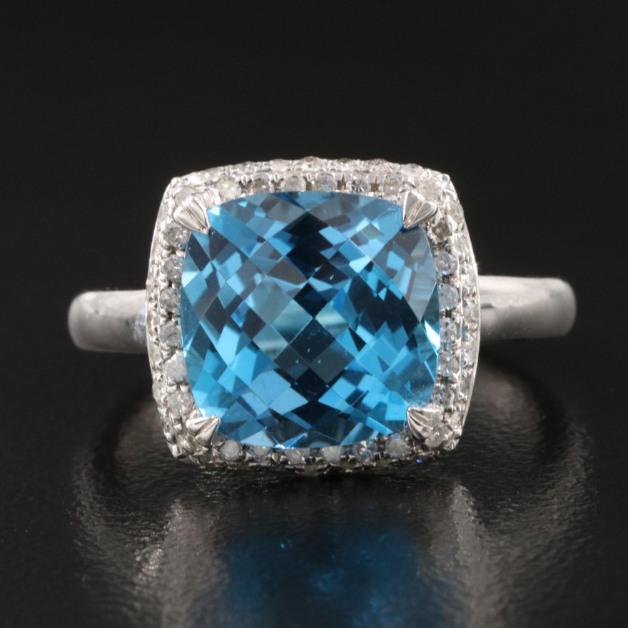 Sterling Silver Swiss Blue Topaz and Diamond Halo Ring