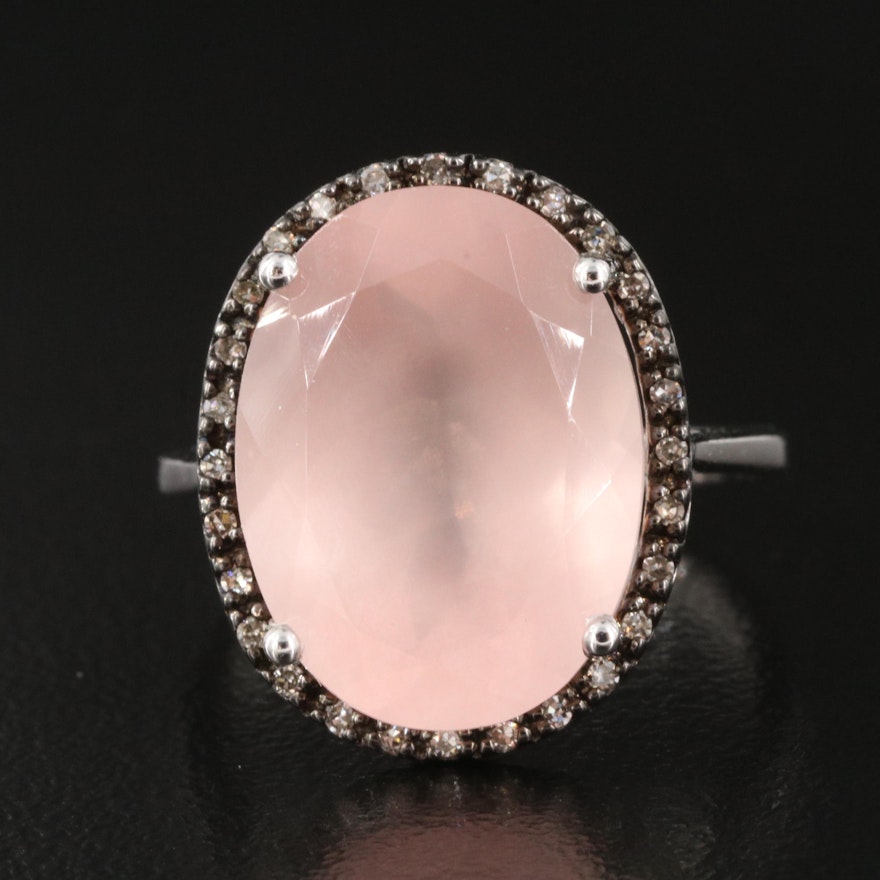 Sterling Silver Rose Quartz and Diamond Halo Ring