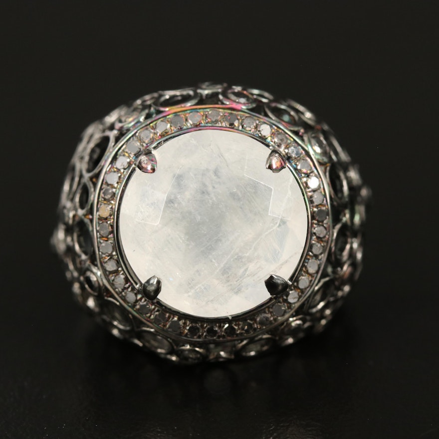 Sterling Moonstone and Diamond Openwork Dome Ring