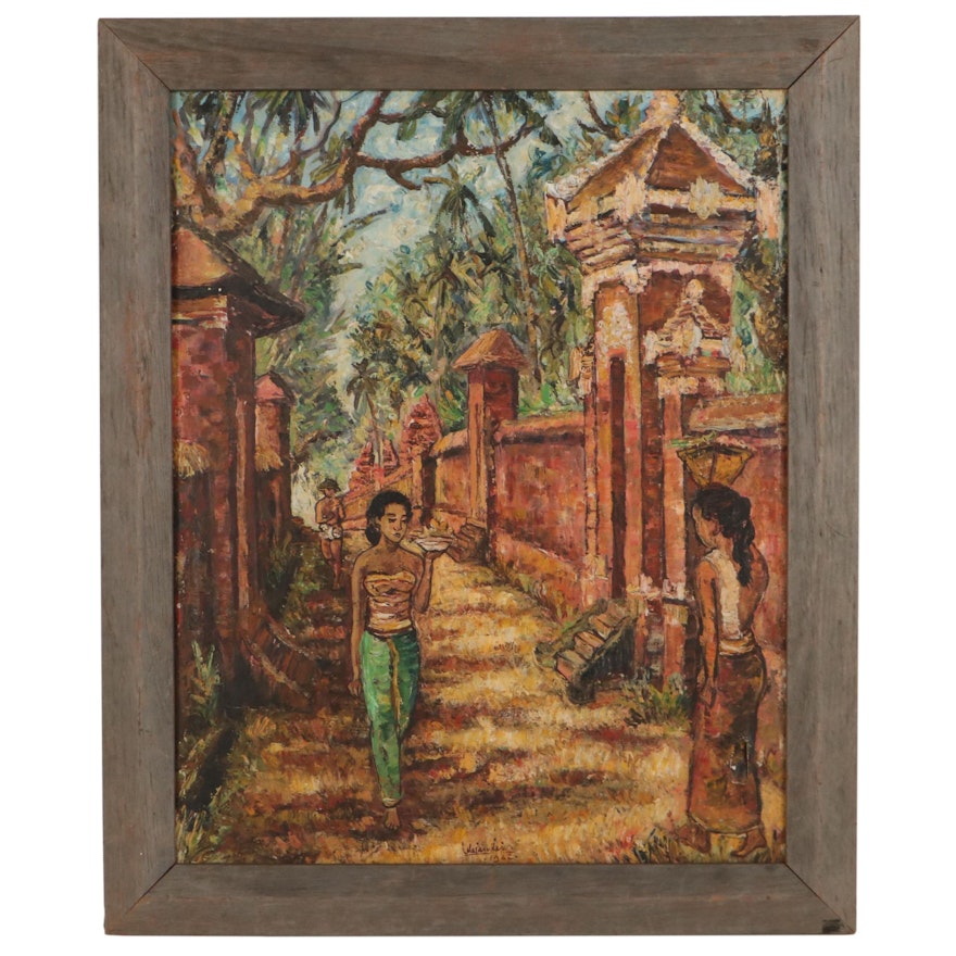 Wajan Kaje Oil Painting of Bali Street Scene, 1962