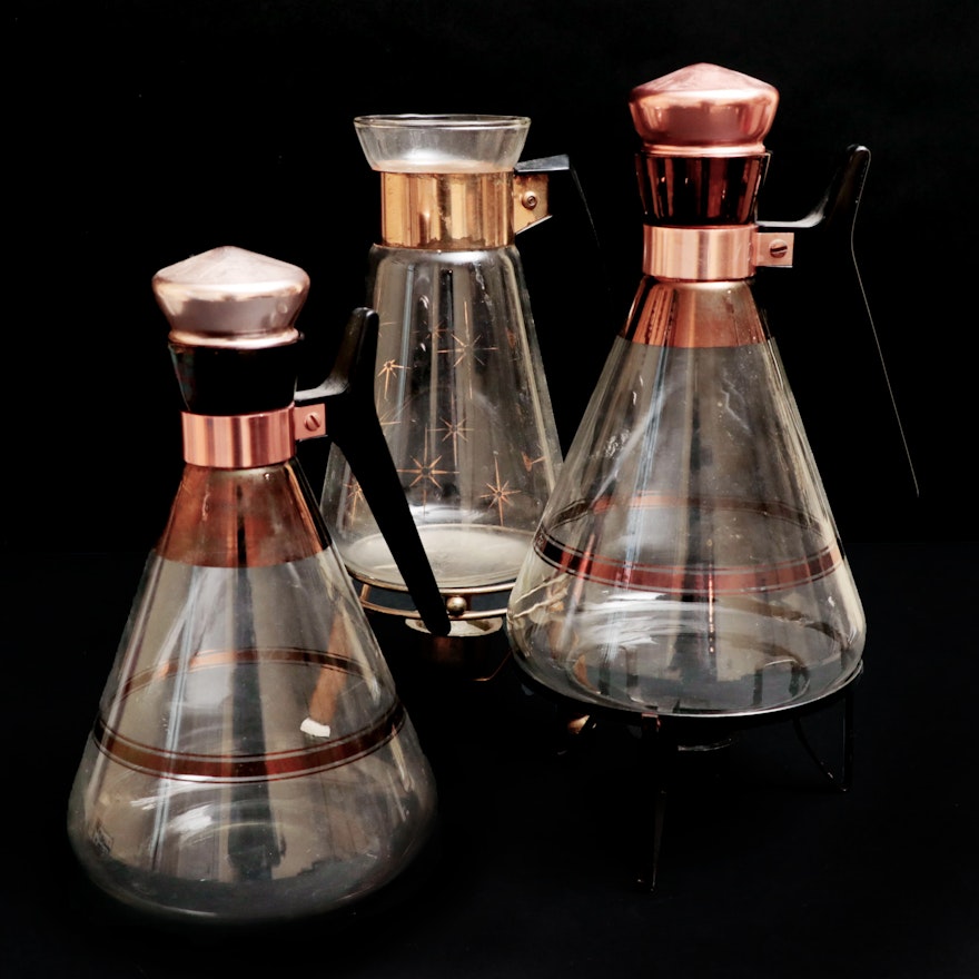 Corning "Atomic Starburst" Carafe with Other MCM Glass and Brass Carafes