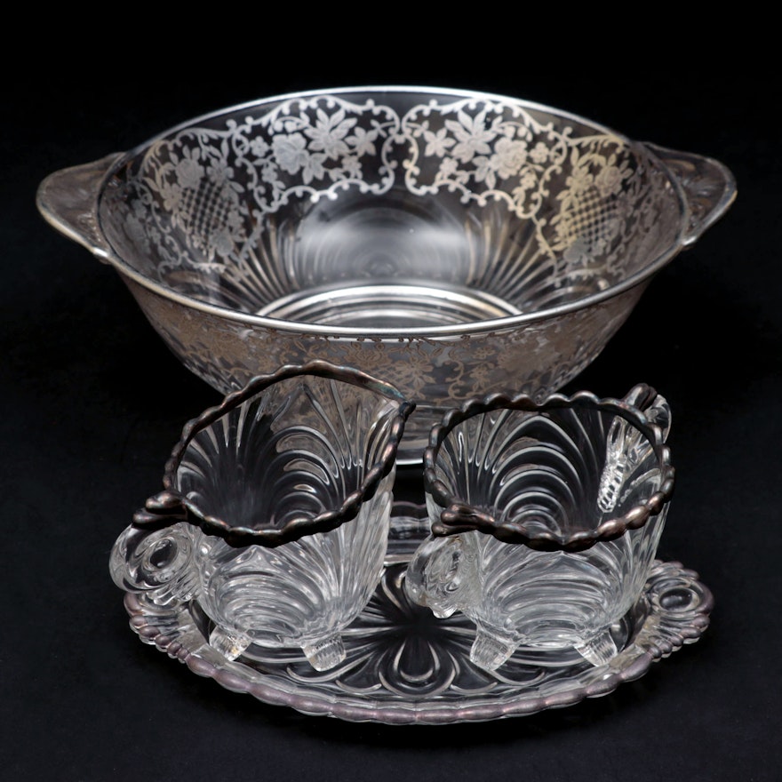 Cambridge "Caprice" Cream and Sugar Set with Silver Overlay Serving Bowl