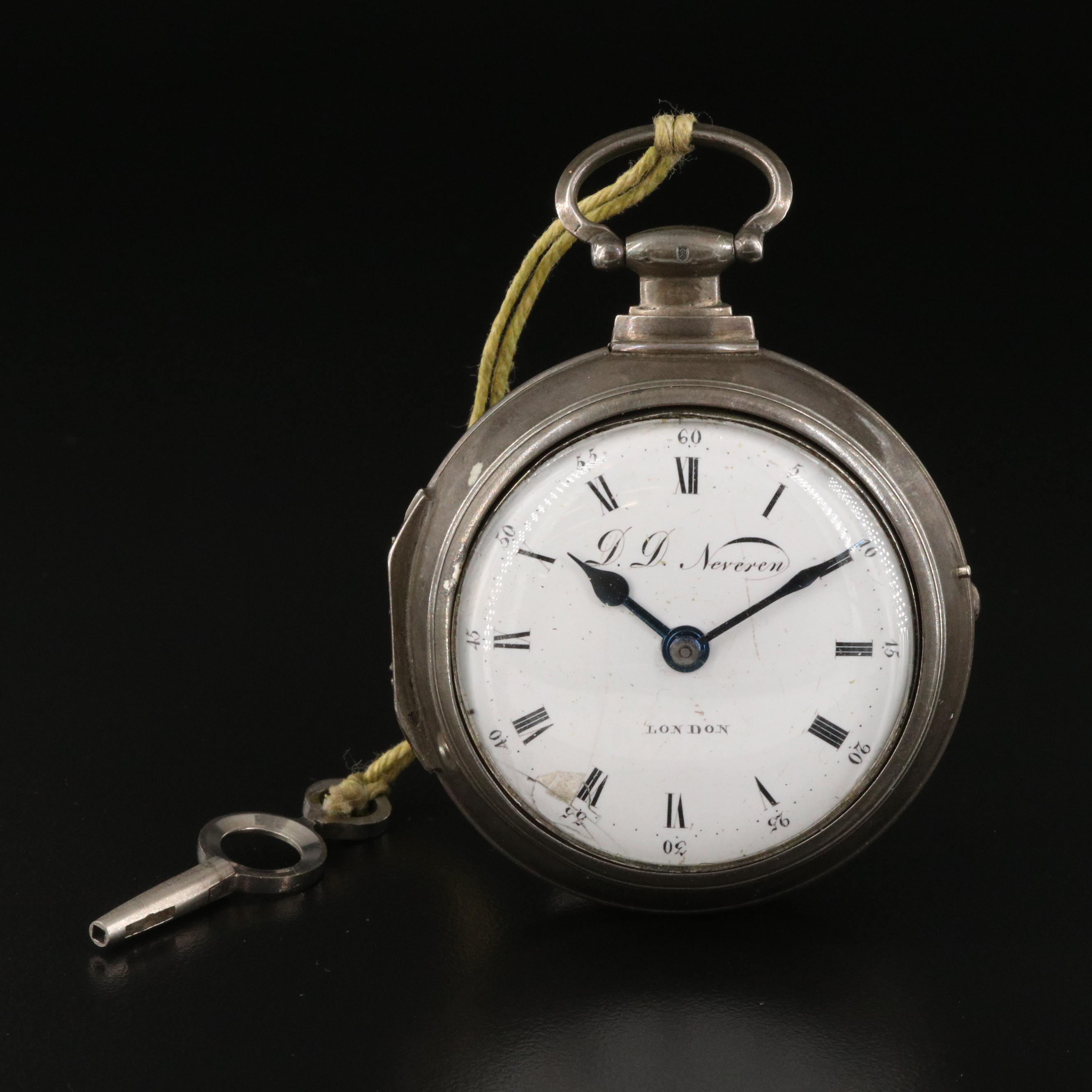 D.D. Neveren London Double Case .830 Silver Pocket Watch