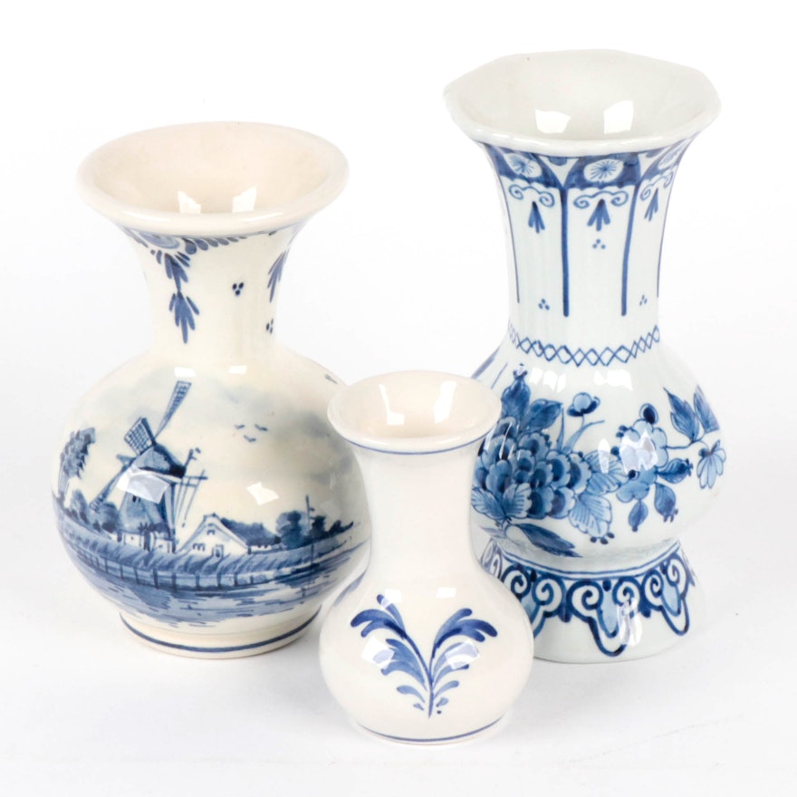 Delft Blue and White Ceramic Vases in Various Sizes