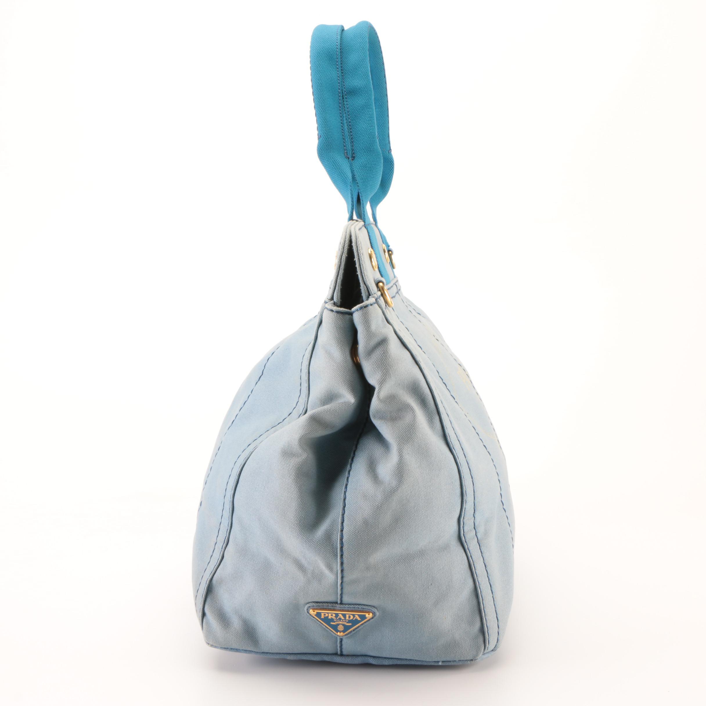Prada Logo Tote in Blue Canvas
