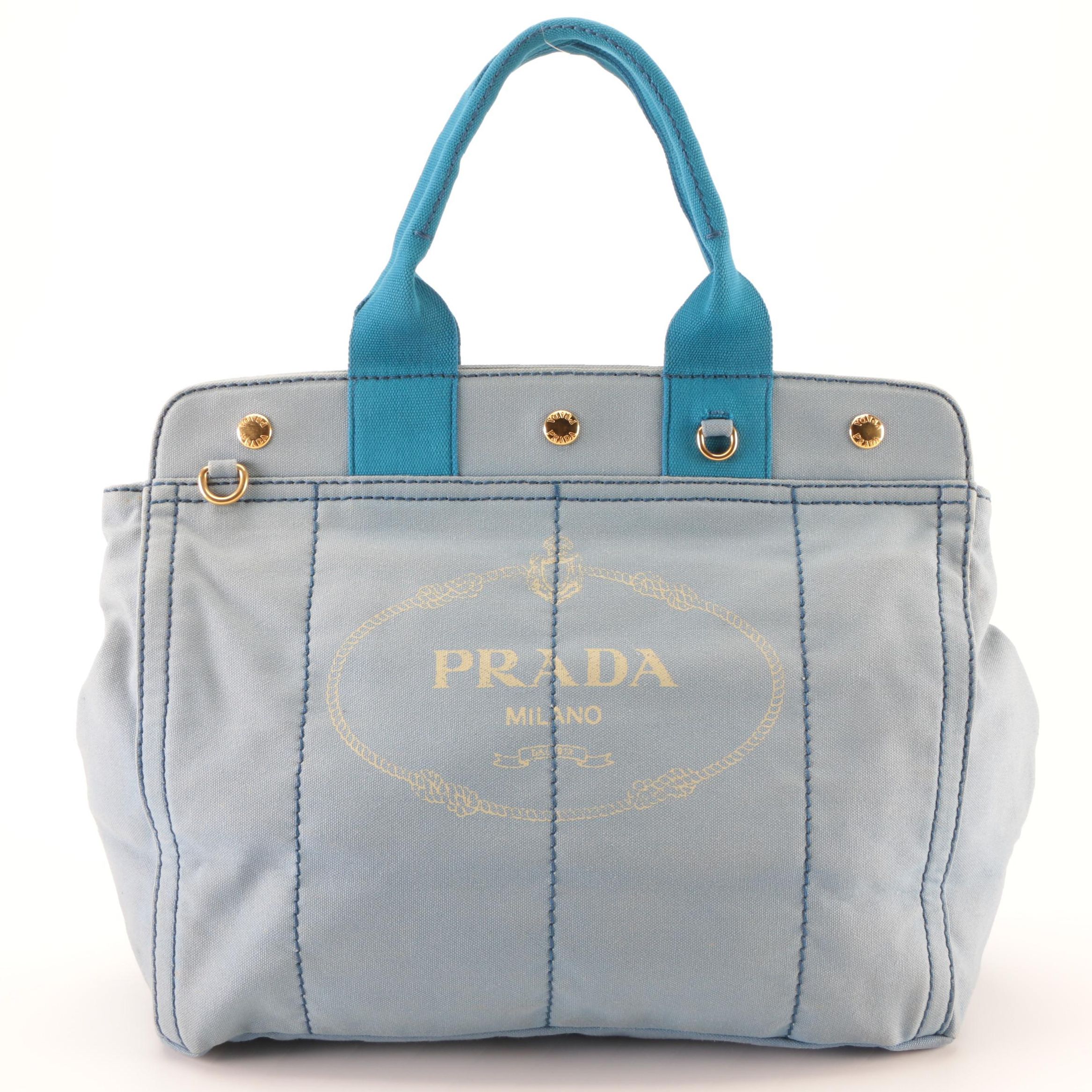 Prada Logo Tote in Blue Canvas