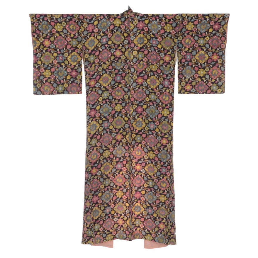 Floral Silk Komon Kimono, Shōwa Period
