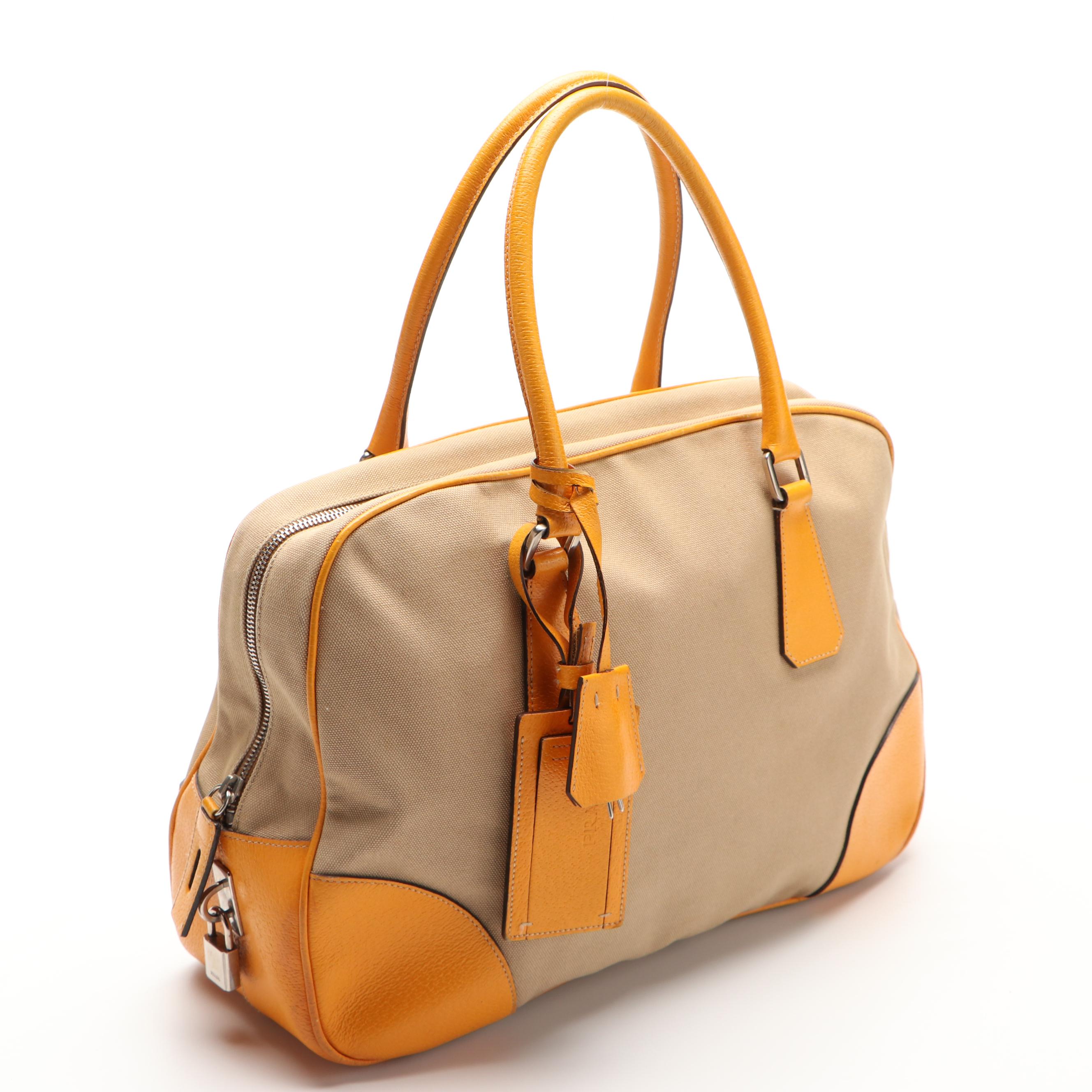 Prada Medium Boston Bag in Canvas with Orange Leather Trim