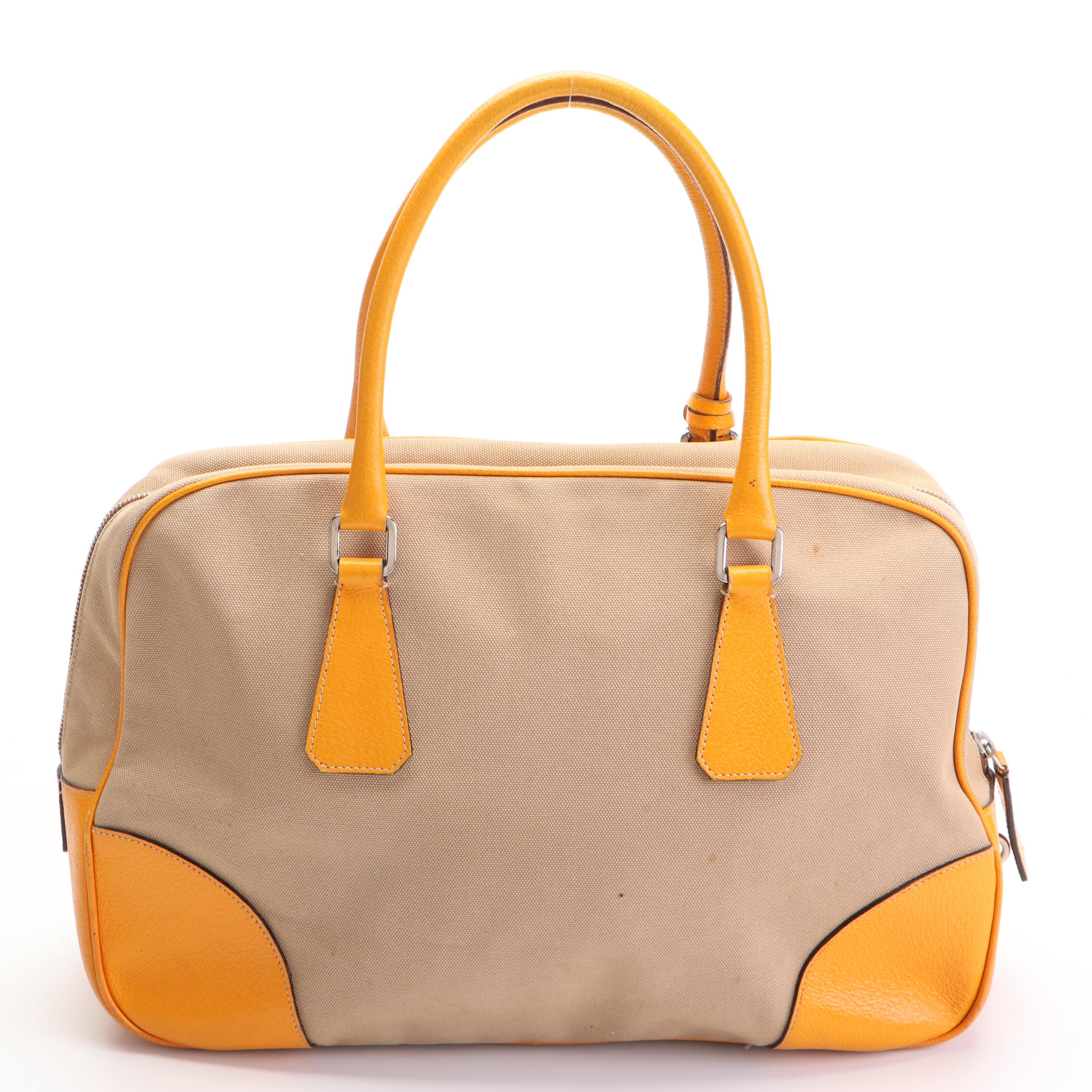Prada Medium Boston Bag in Canvas with Orange Leather Trim