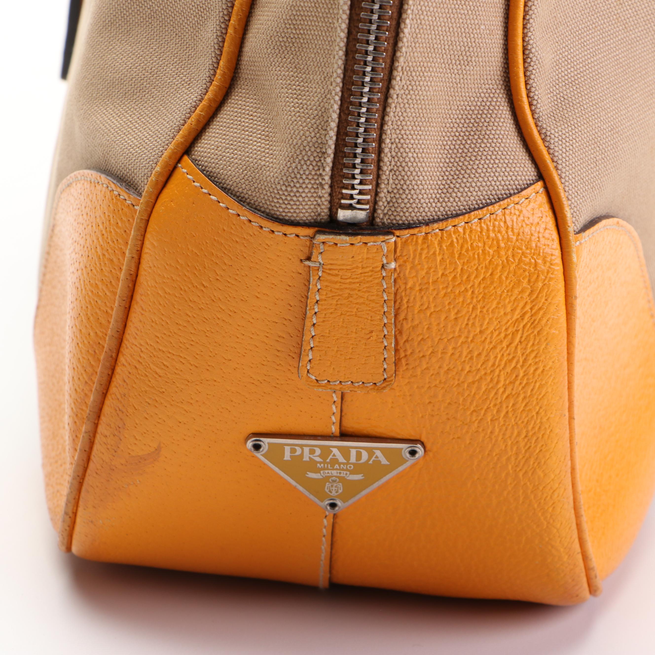 Prada Medium Boston Bag in Canvas with Orange Leather Trim