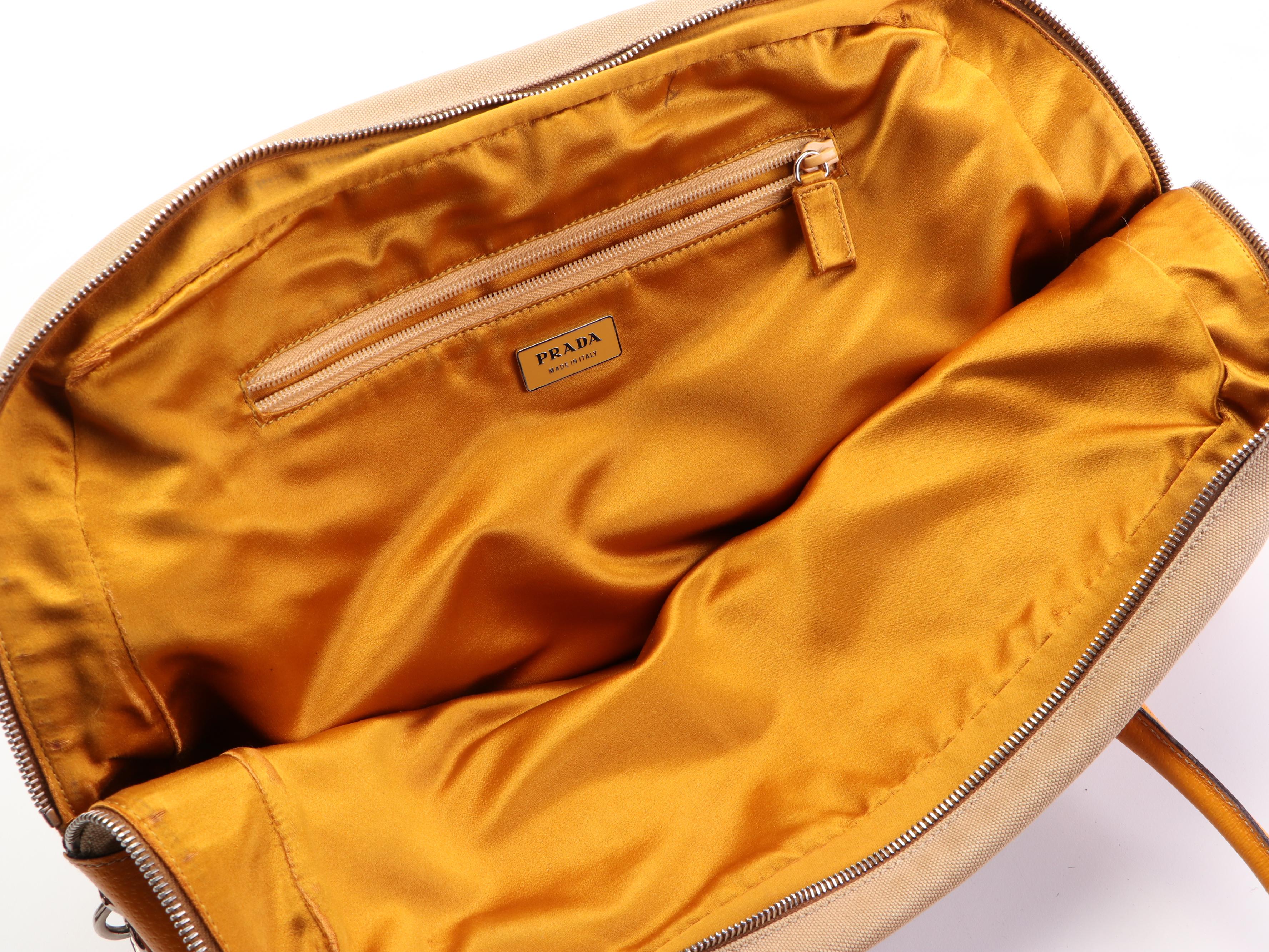 Prada Medium Boston Bag in Canvas with Orange Leather Trim