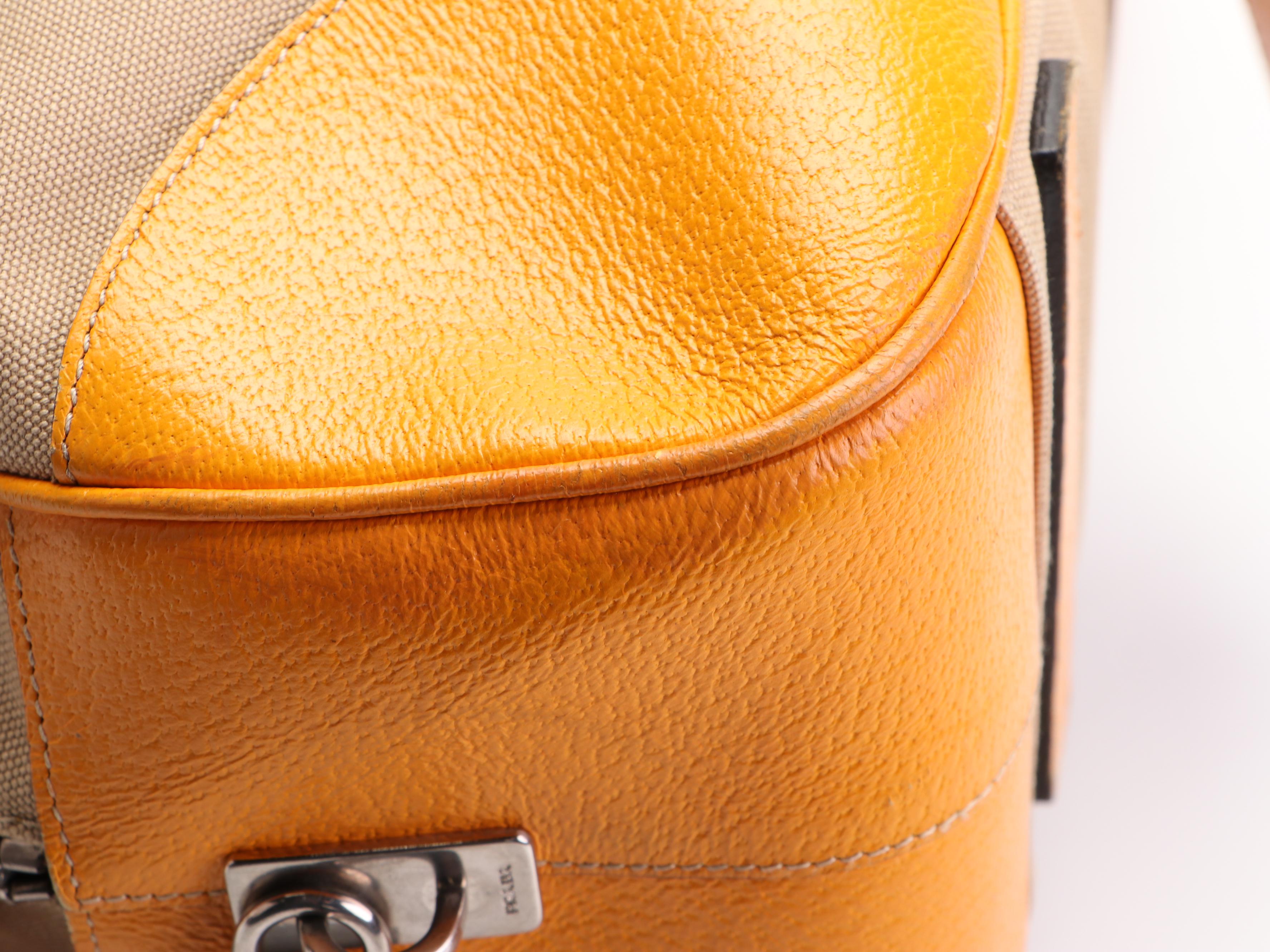 Prada Medium Boston Bag in Canvas with Orange Leather Trim