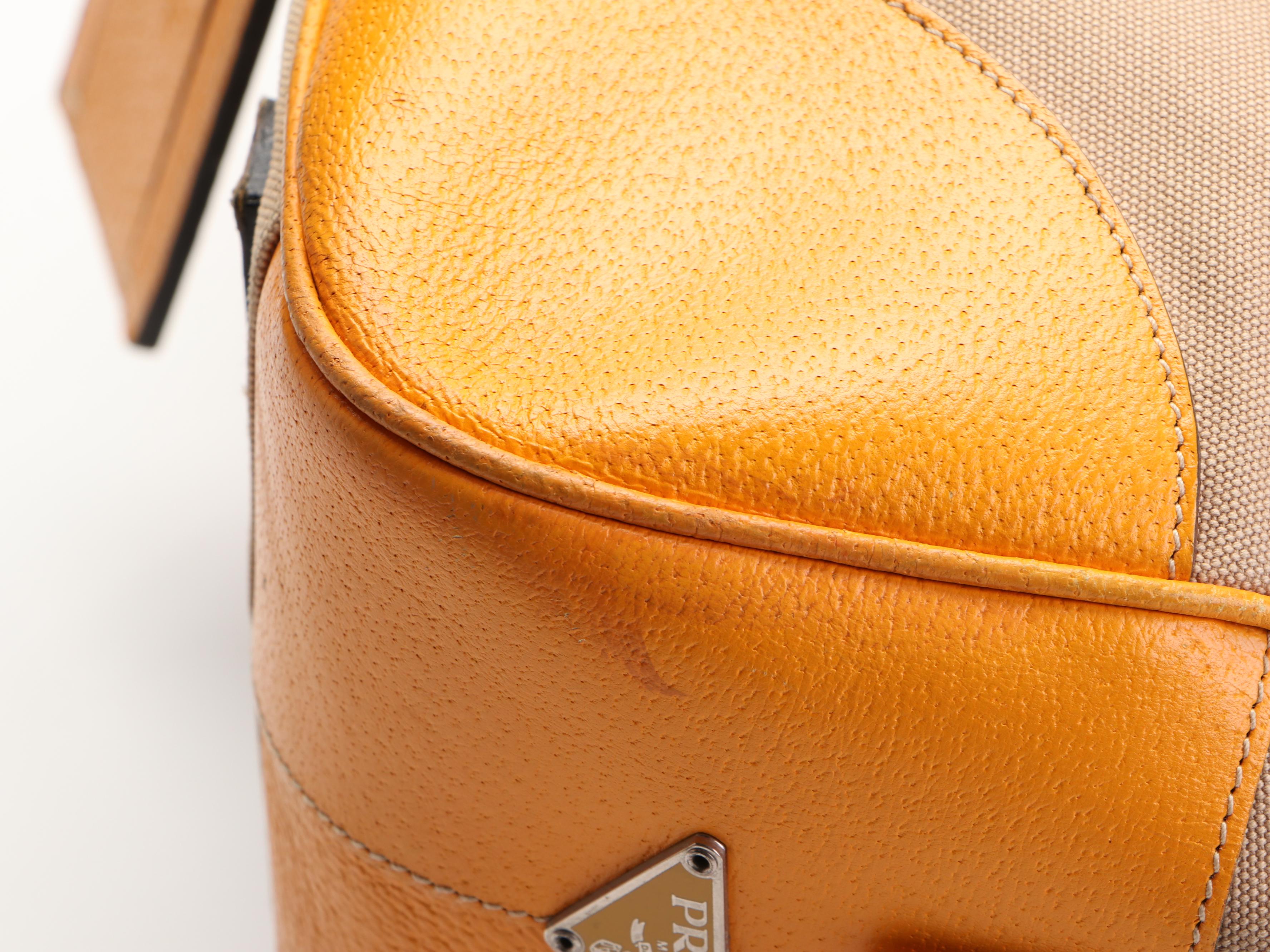 Prada Medium Boston Bag in Canvas with Orange Leather Trim