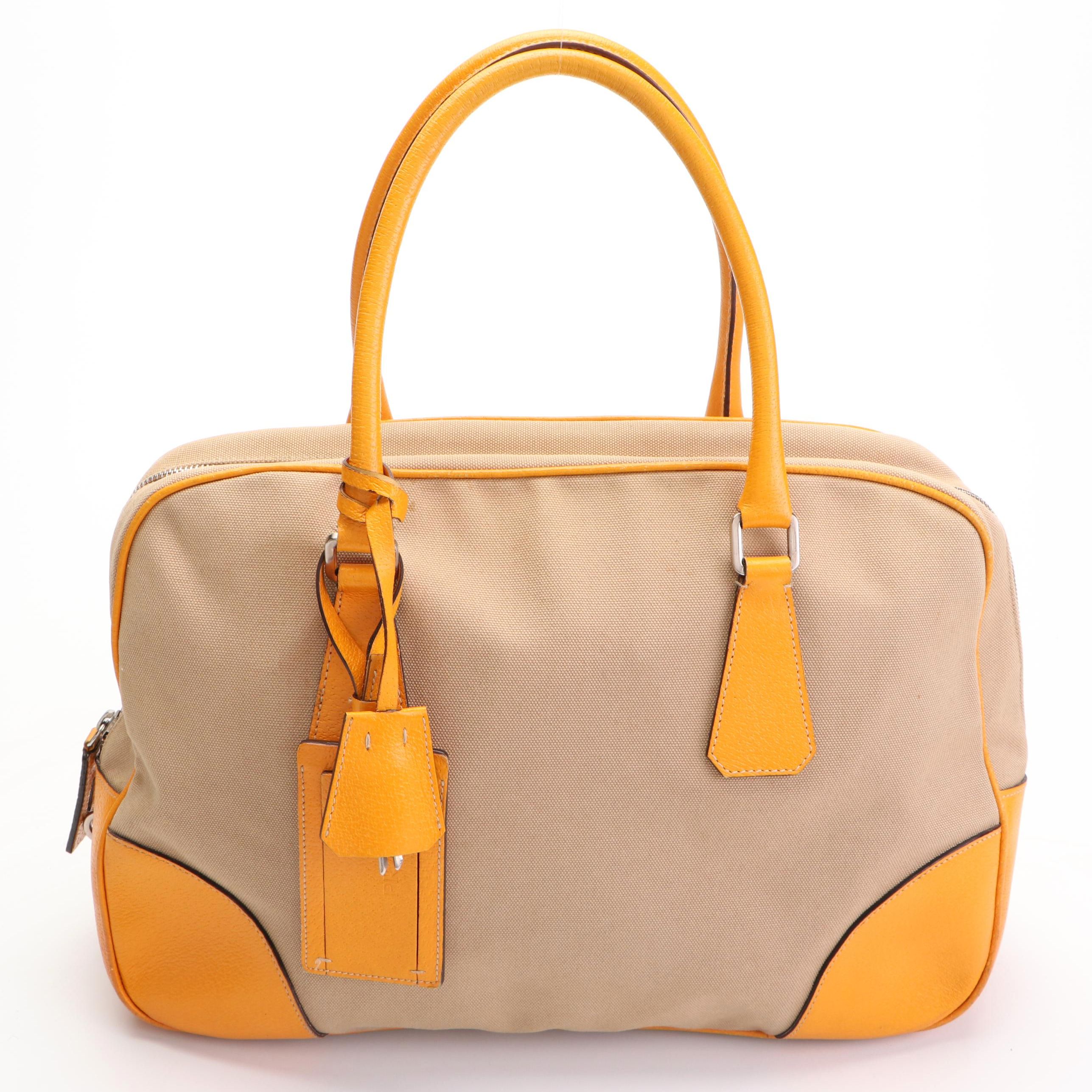 Prada Medium Boston Bag in Canvas with Orange Leather Trim
