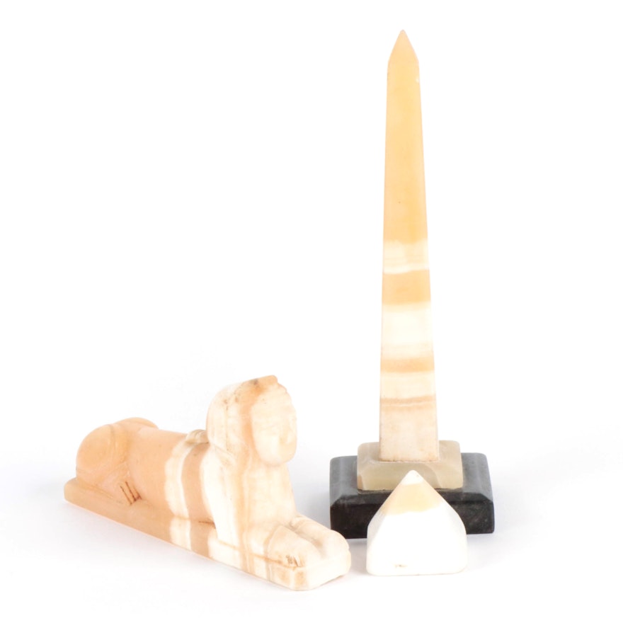 Egyptian Carved Alabaster Figures of the Sphinx, Pyramid and Obelisk
